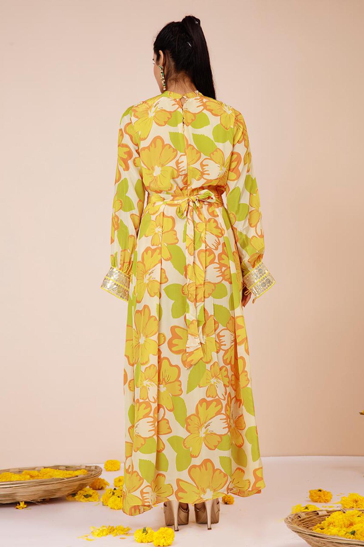 Yellow Print Tie-Up Dress & Belt