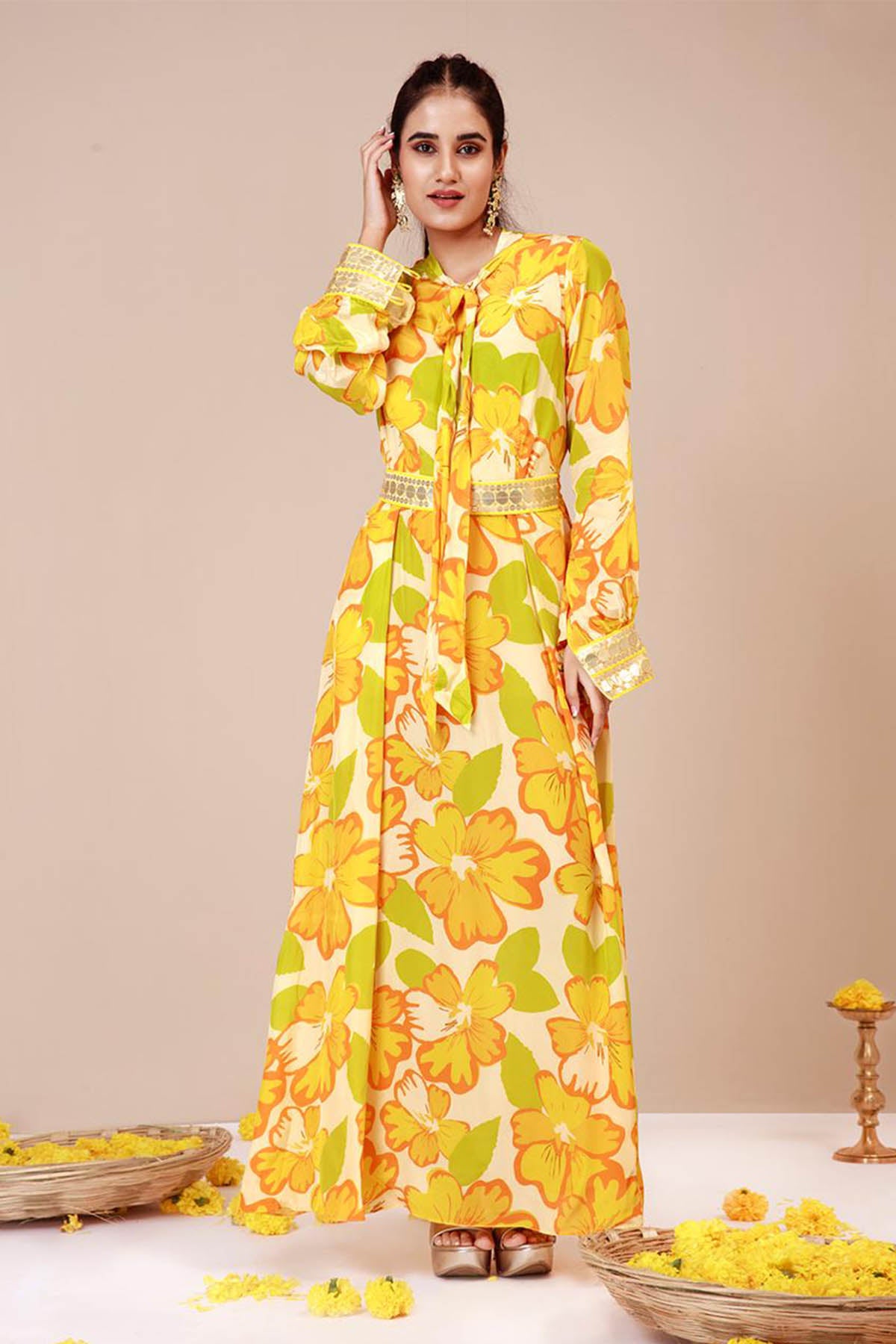 Yellow Print Tie-Up Dress & Belt