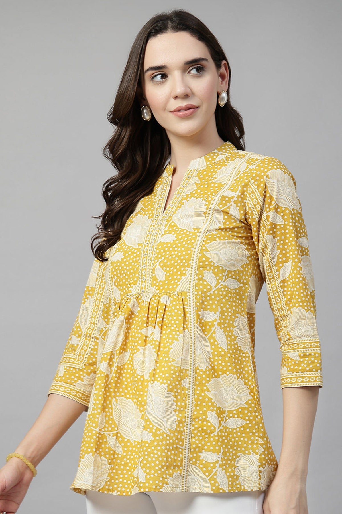 Buy Yellow Printed A-Line Cut Top for Women by Qomn Designer online available at scrollnshops