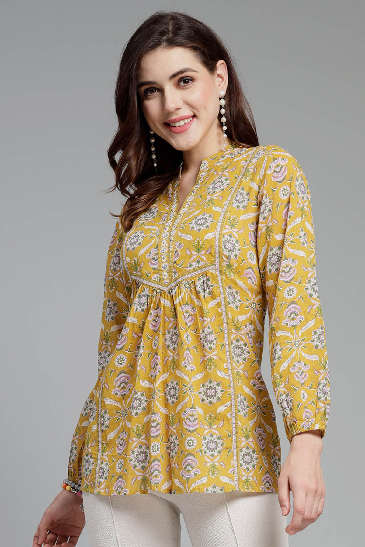 Buy Yellow Printed Adda Detail Top for Women by Qomn Designer online available at scrollnshops