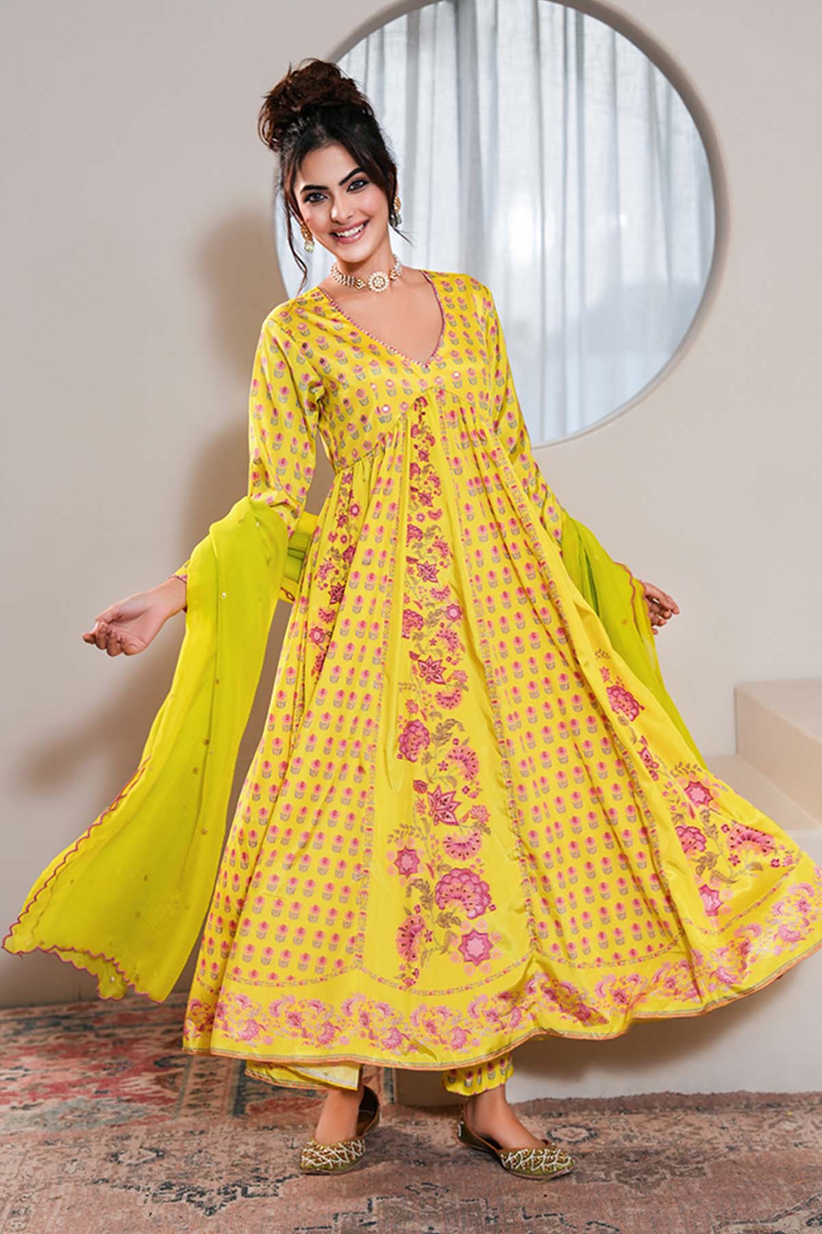 Yellow Printed Anarkali Set