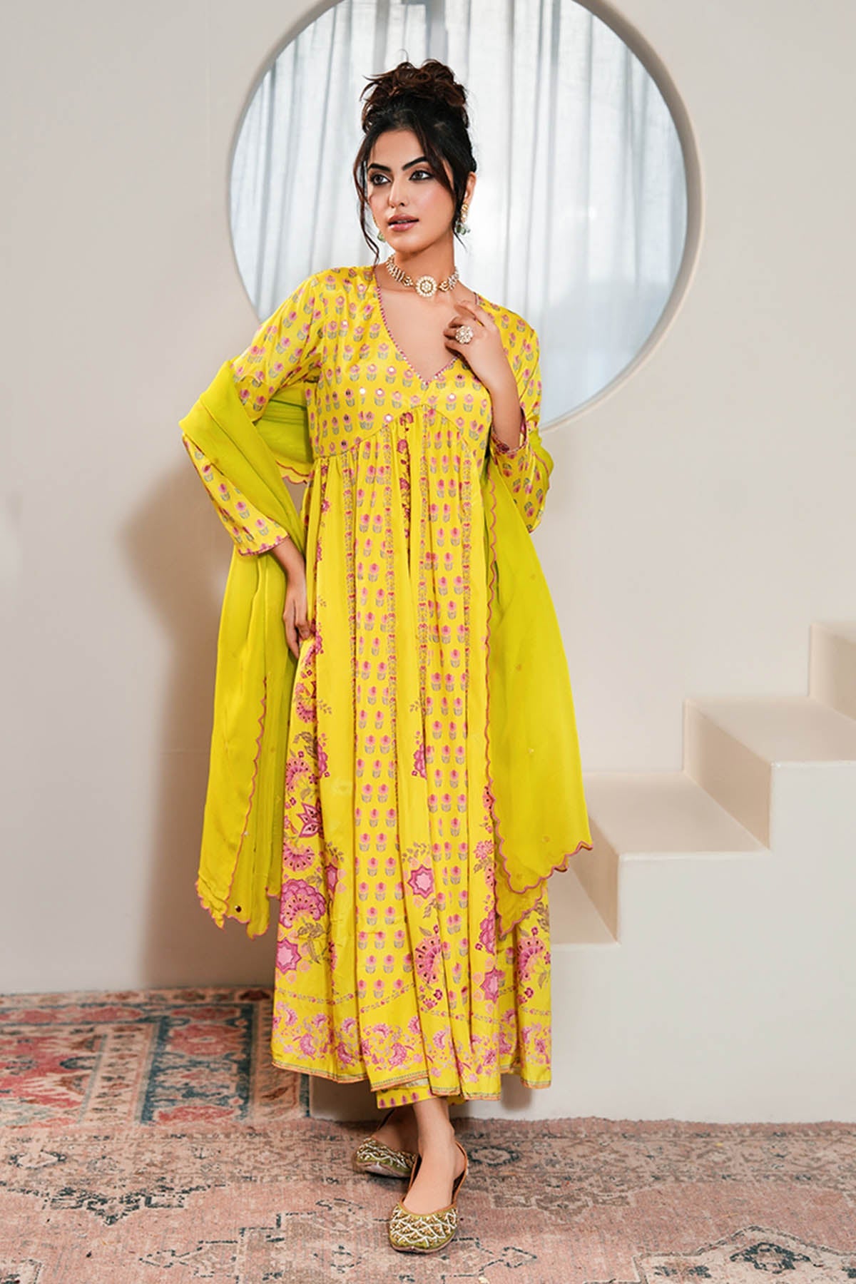 Buy Yellow Printed Anarkali Set by Ugna by Unnati for women online at ScrollnShops