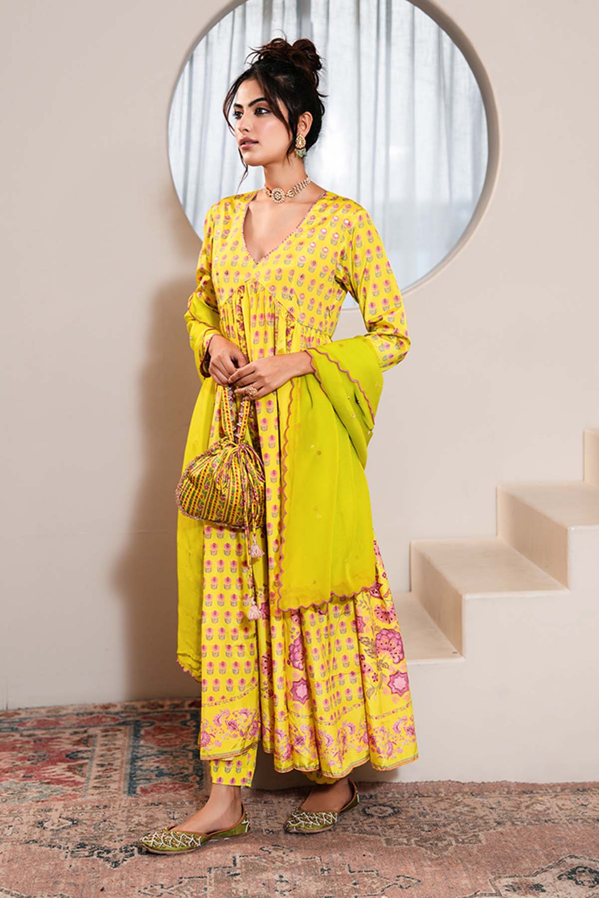 Yellow Printed Anarkali Set