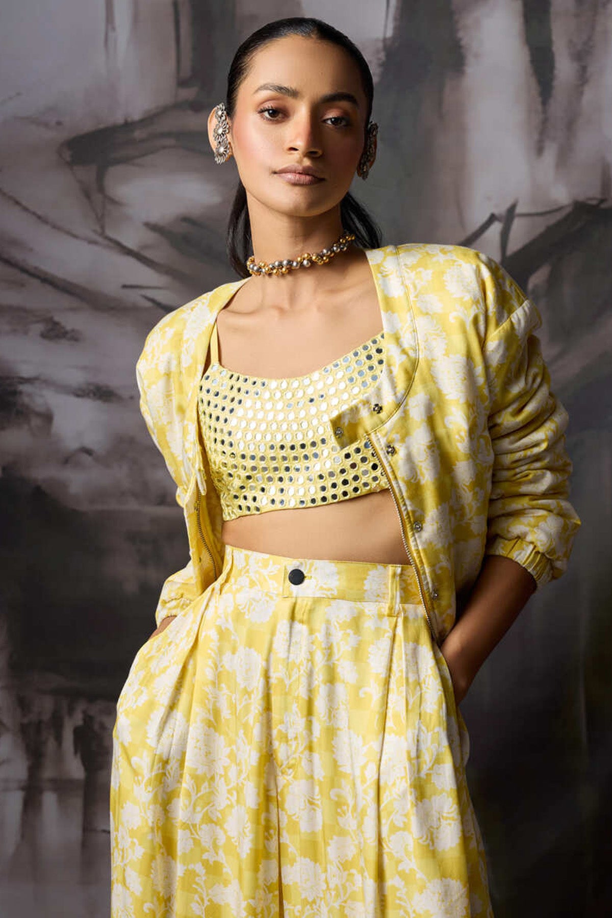 Yellow Printed Bomber Jacket