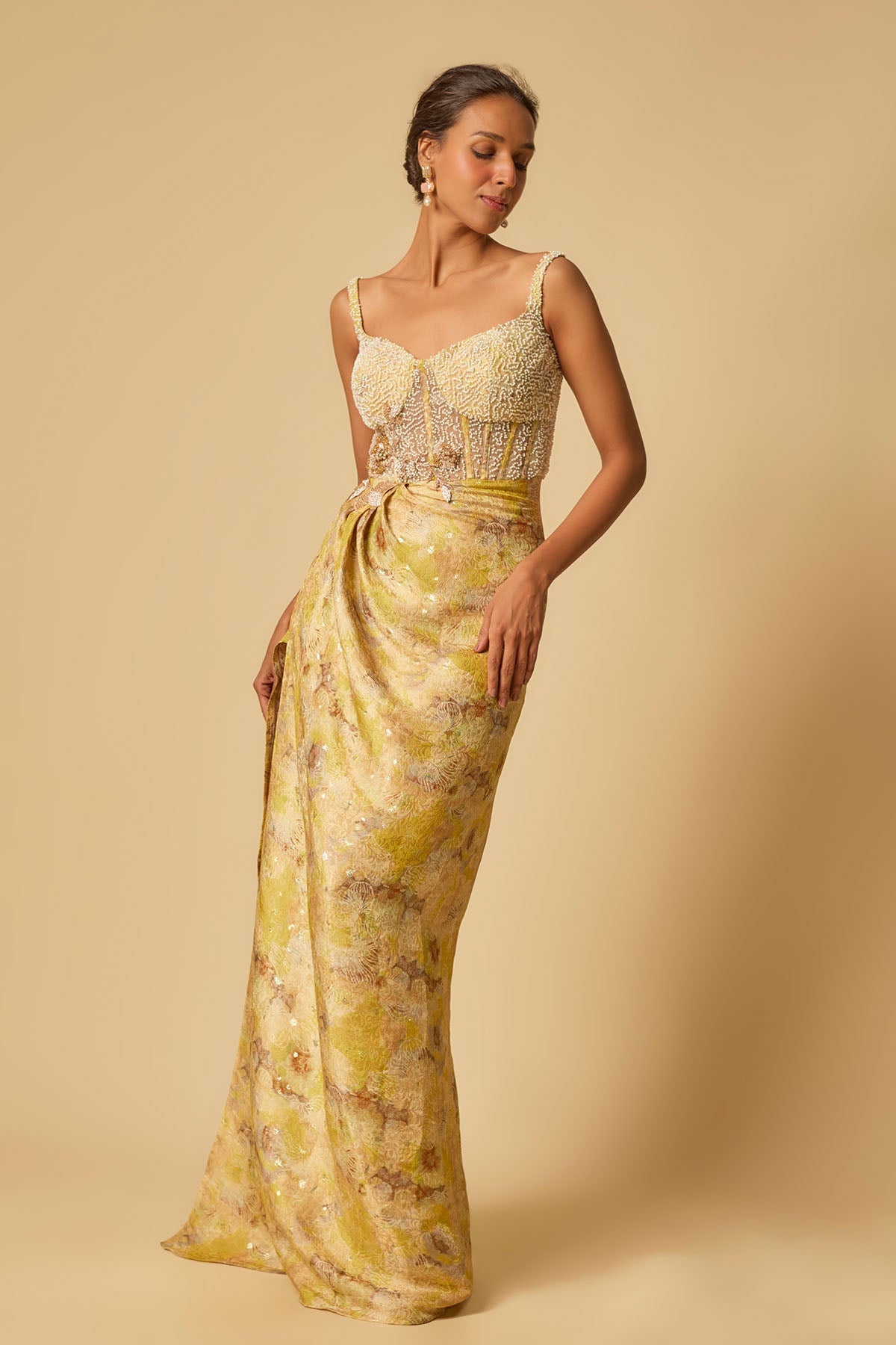 Buy Yellow Printed Corset drape Gown by Masumi Mewawalla for women online at ScrollnShops