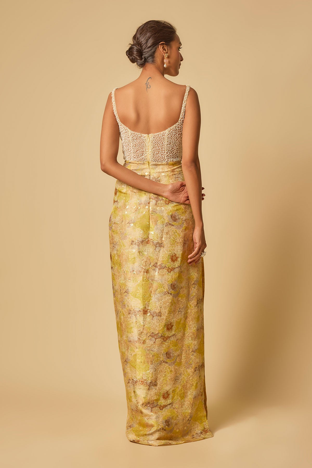 Yellow Printed Corset drape Gown