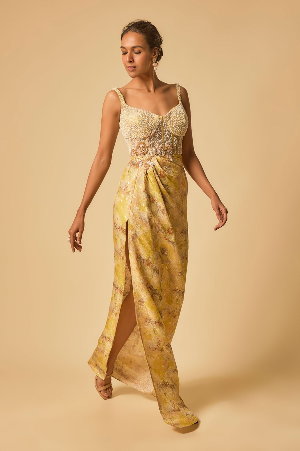 Yellow Printed Corset drape Gown