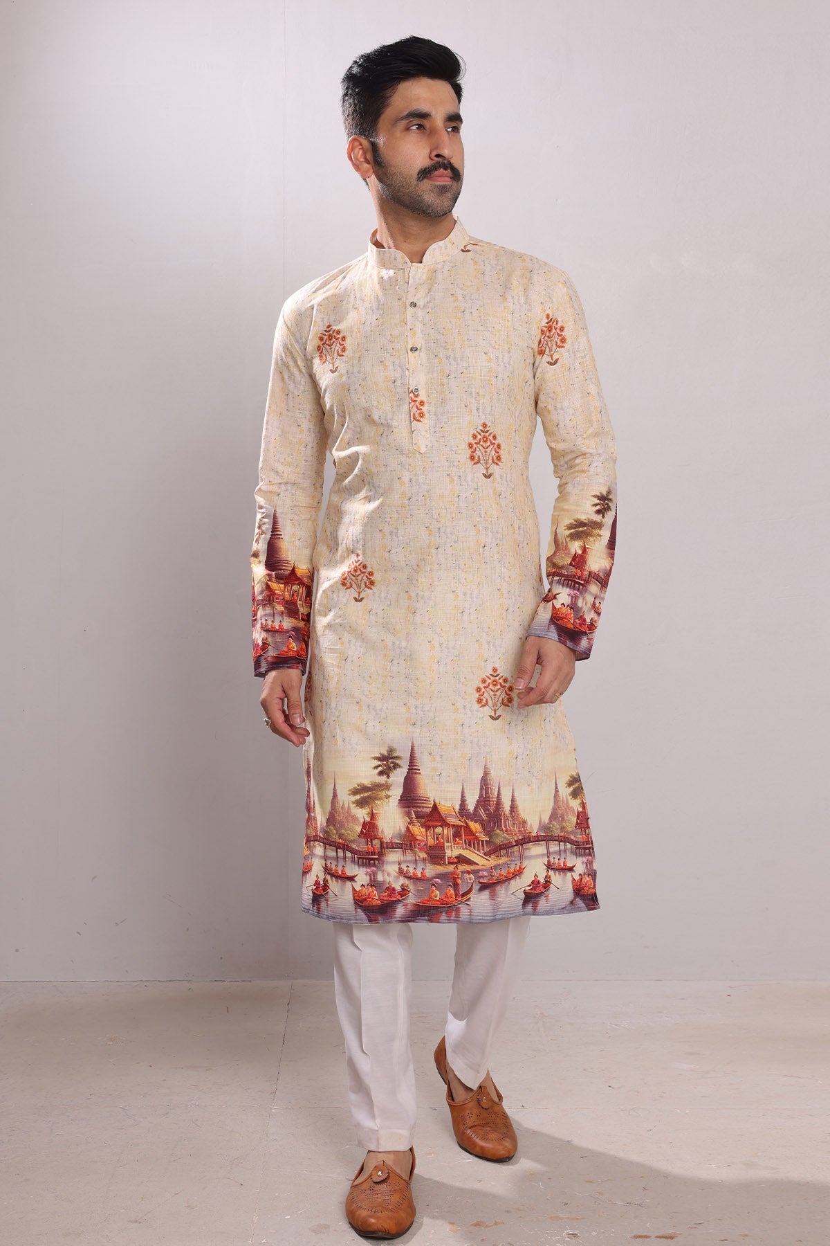 Buy Yellow Printed Cotton Kurta by SNEHA B - Men for men online at ScrollnShops