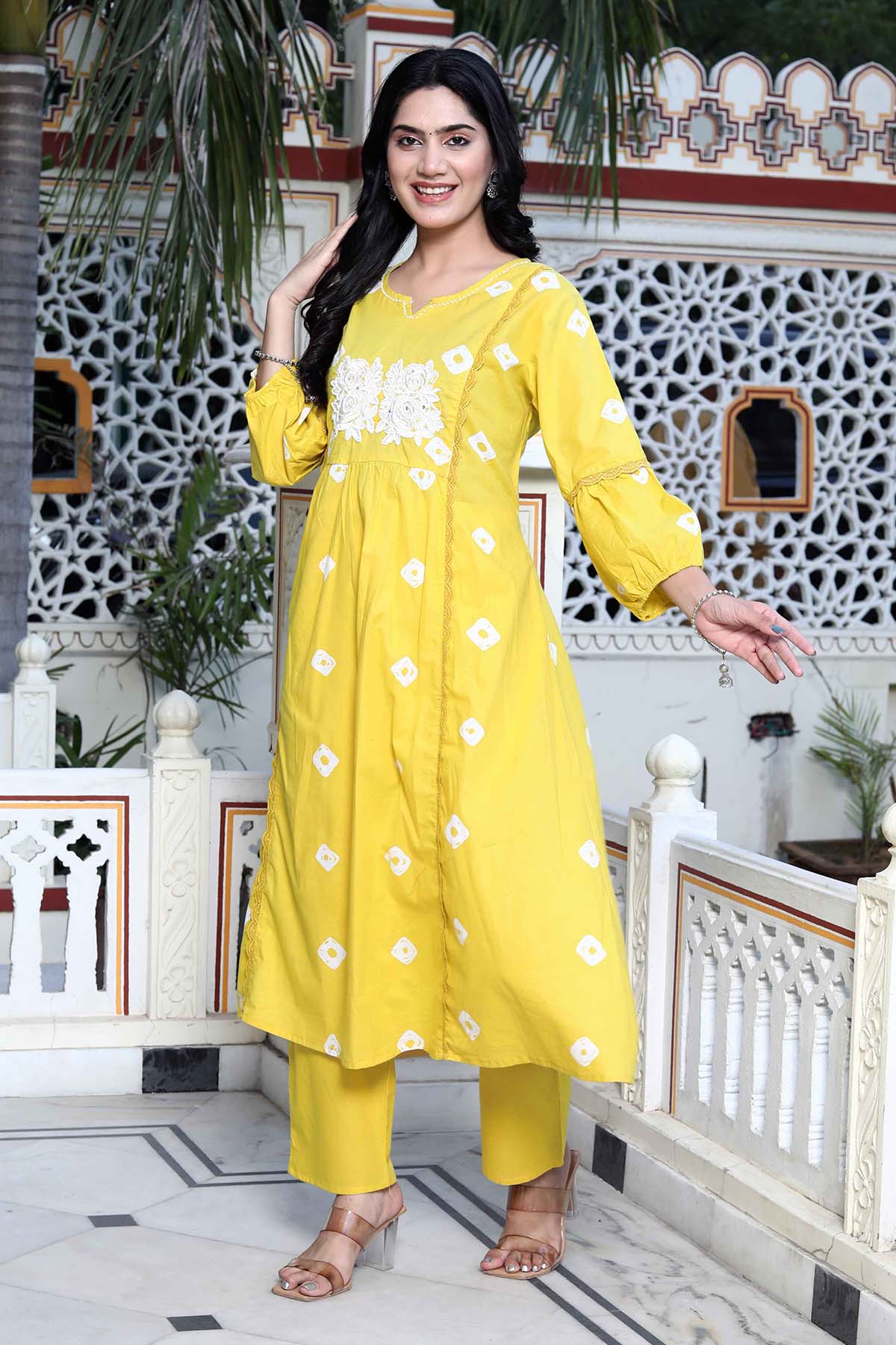 Buy Yellow Printed Flared Kurta Set by Miravan for women online at ScrollnShops