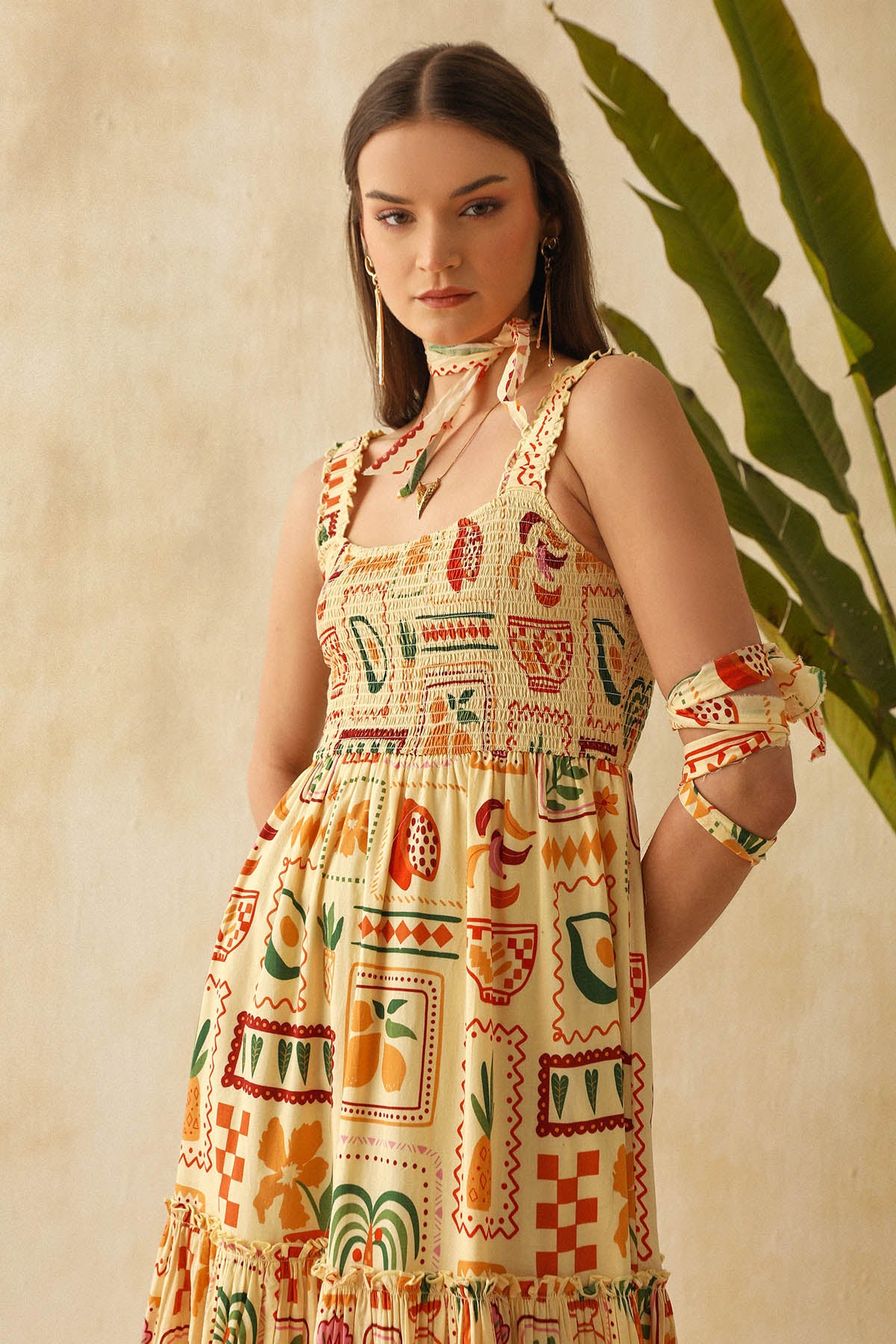 Yellow Printed Frill Maxi Dress