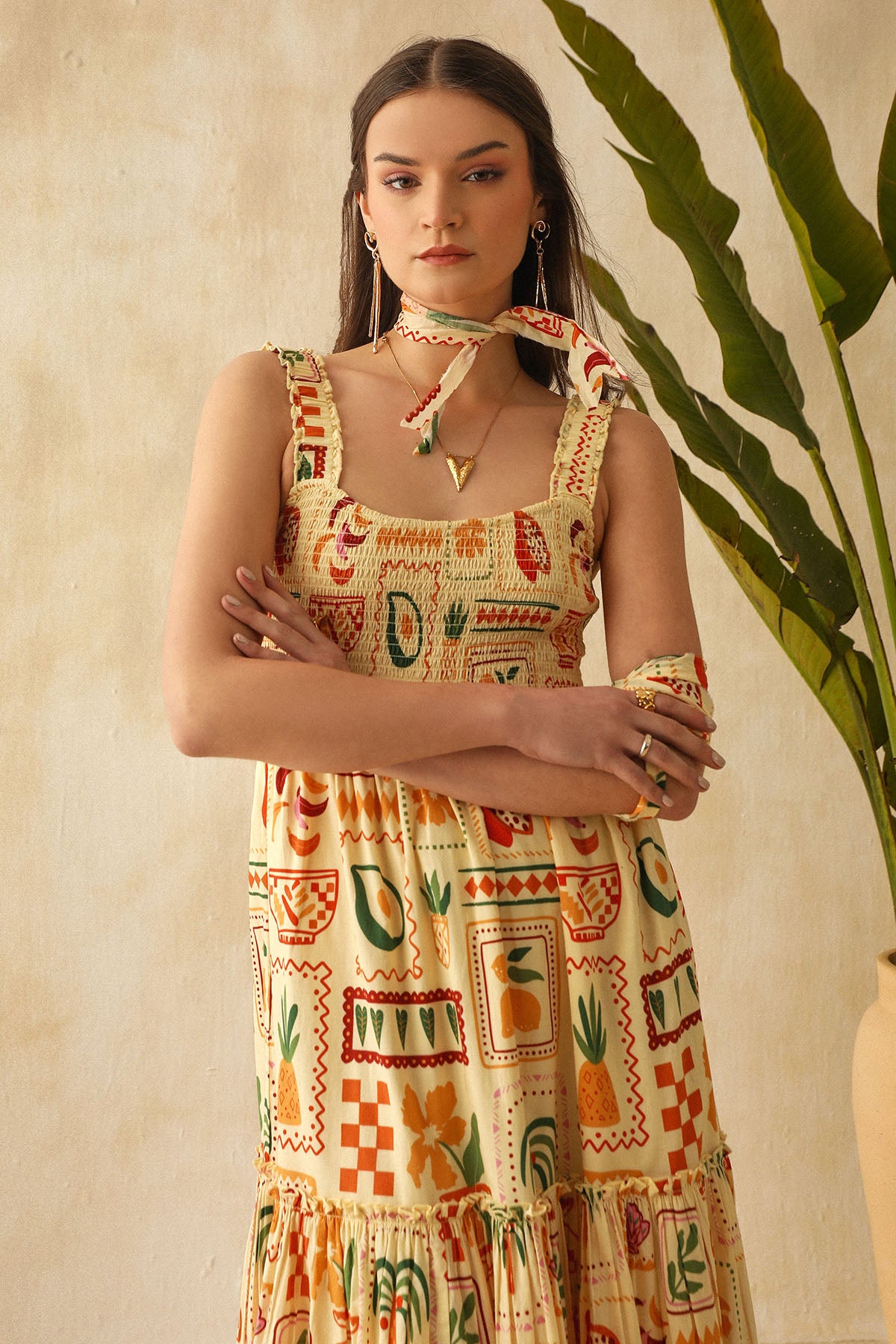 Yellow Printed Frill Maxi Dress