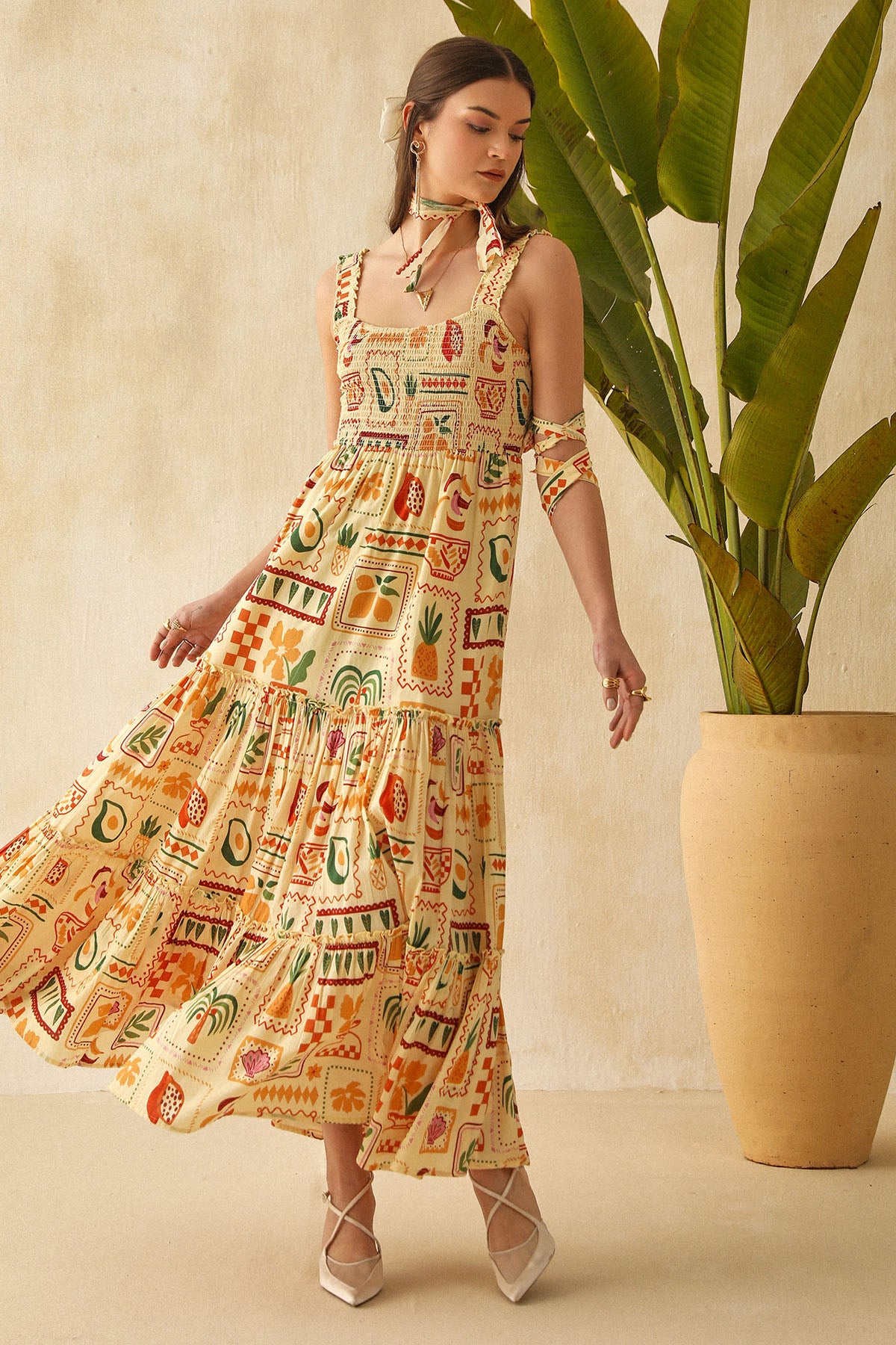 Yellow Printed Frill Maxi Dress