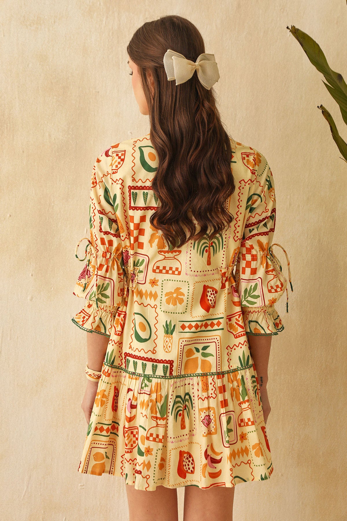 Yellow Printed Frill Neck Dress