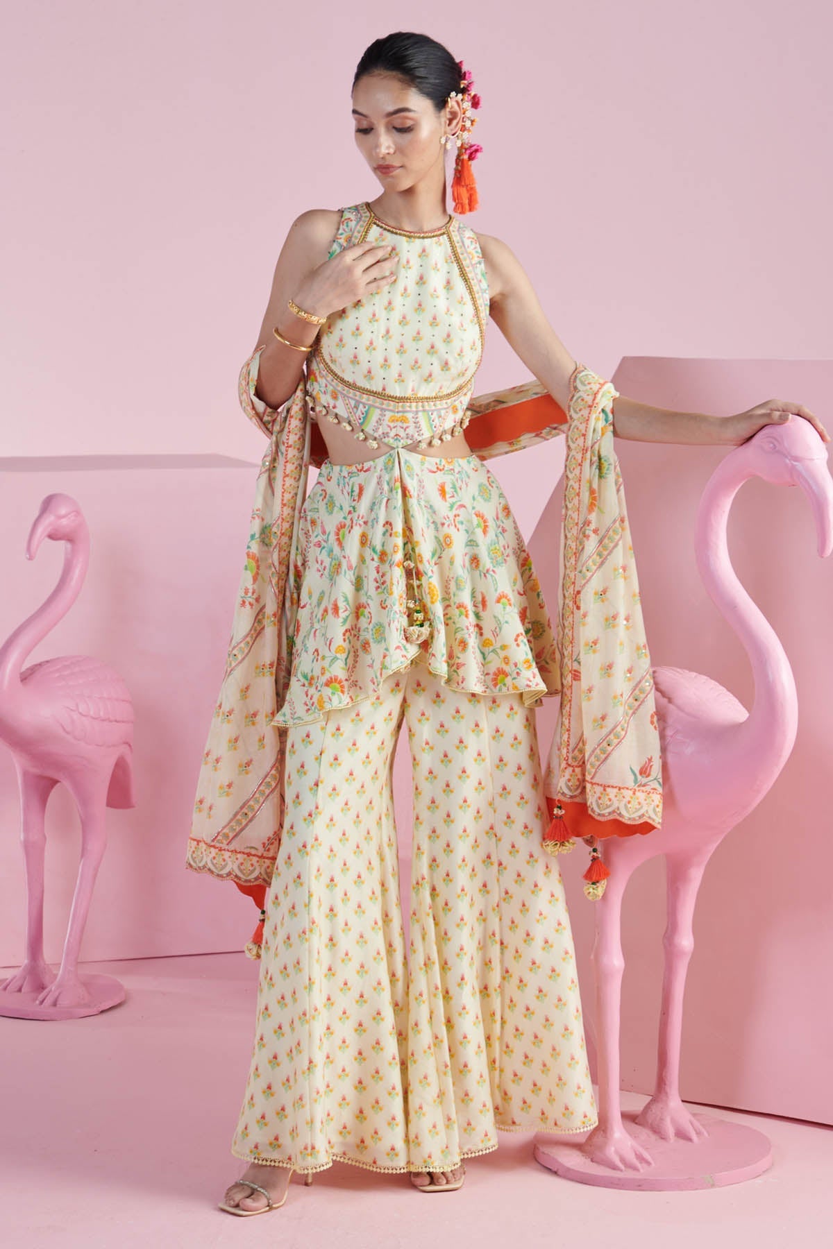 Mandira Wirk Yellow Printed Indo-Western Set for women online at ScrollnShops