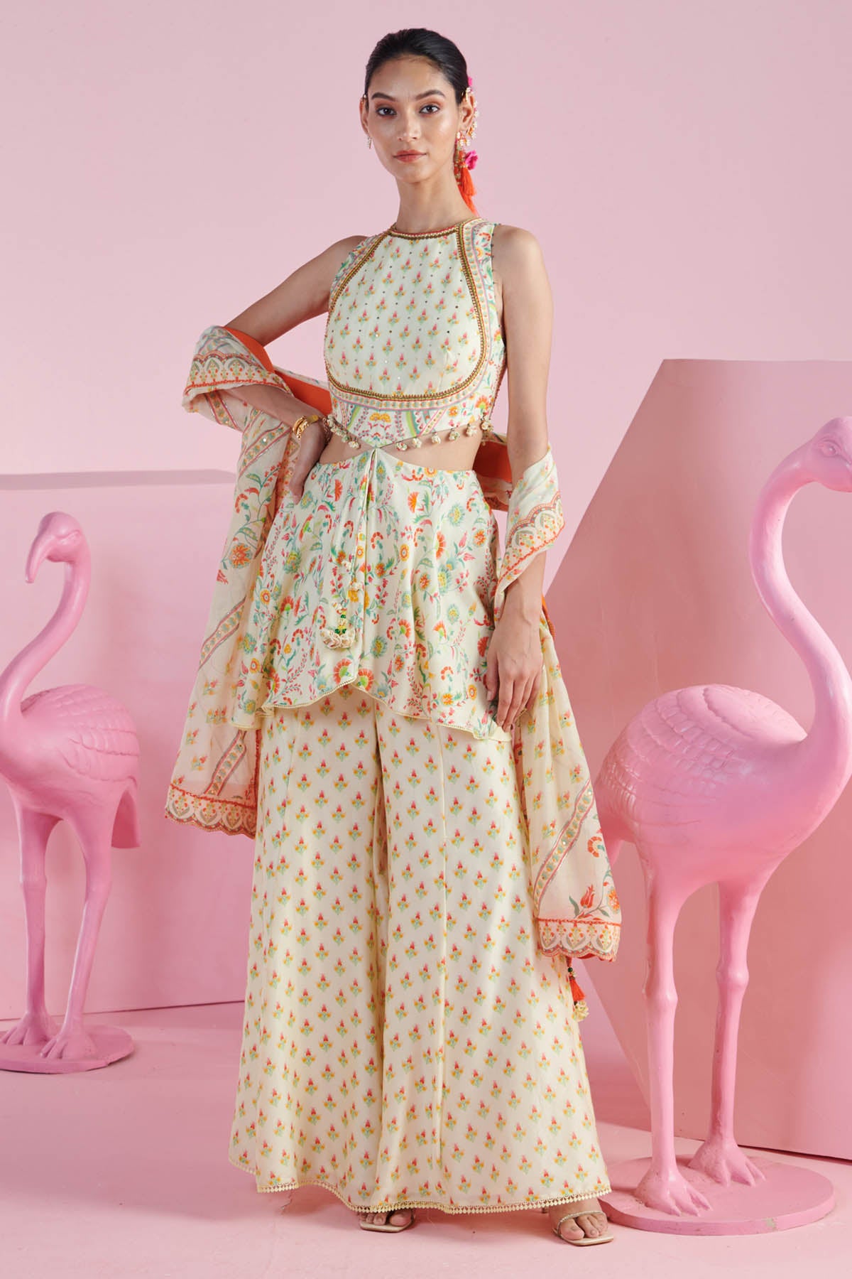 Buy Yellow Printed Indo-Western Set by Mandira Wirk