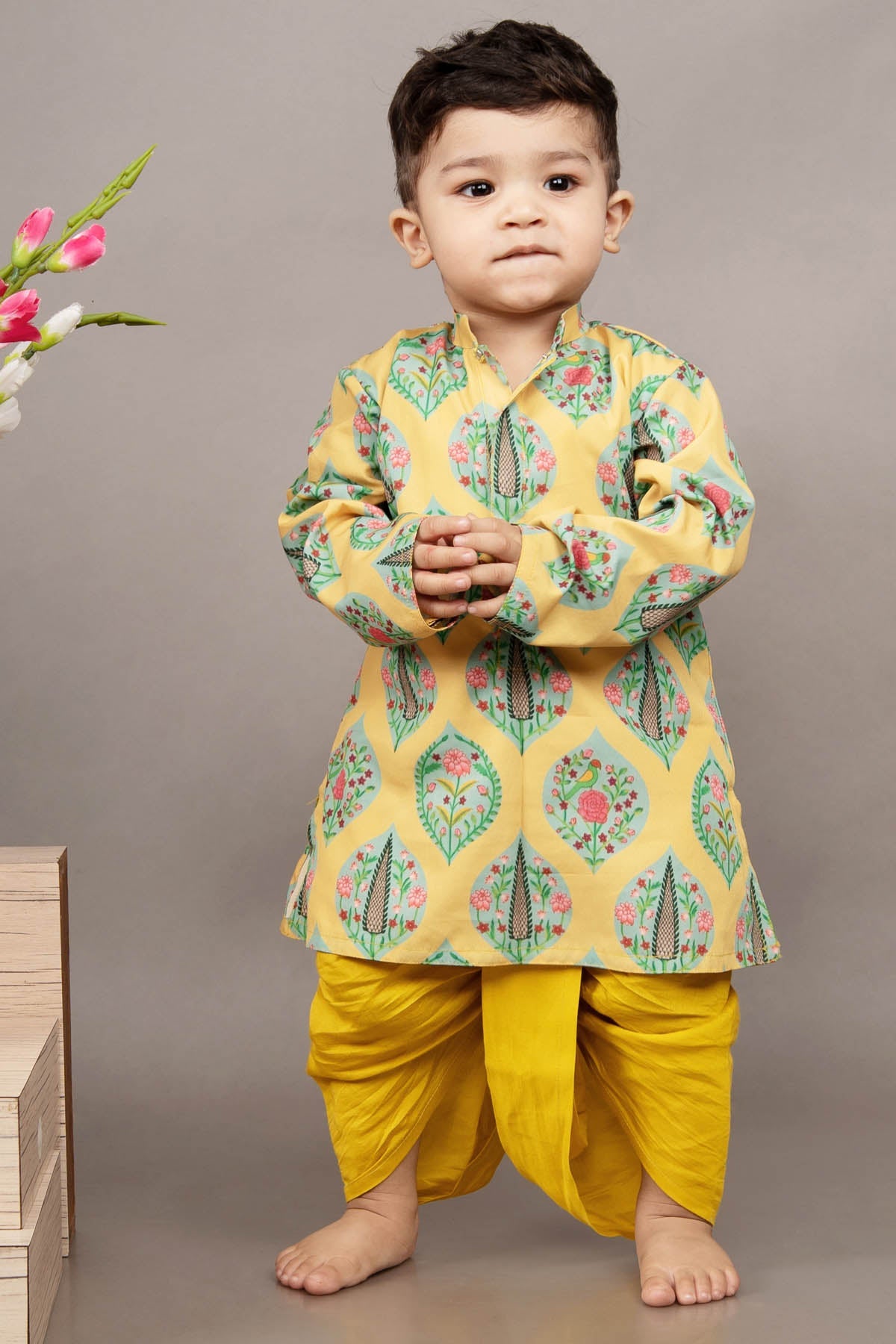 Little Brats Sunshine Soiree: Mustard Kurta & Dhoti Set kidswear at scrollnshops
