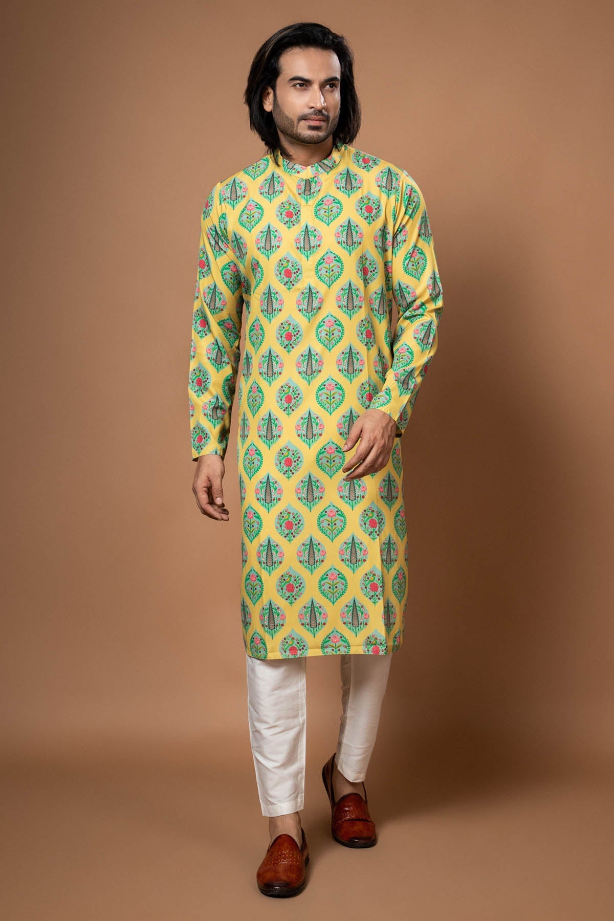 Priyanka Haralalka Yellow Printed Kurta & Pyjama for men online at ScrollnShops