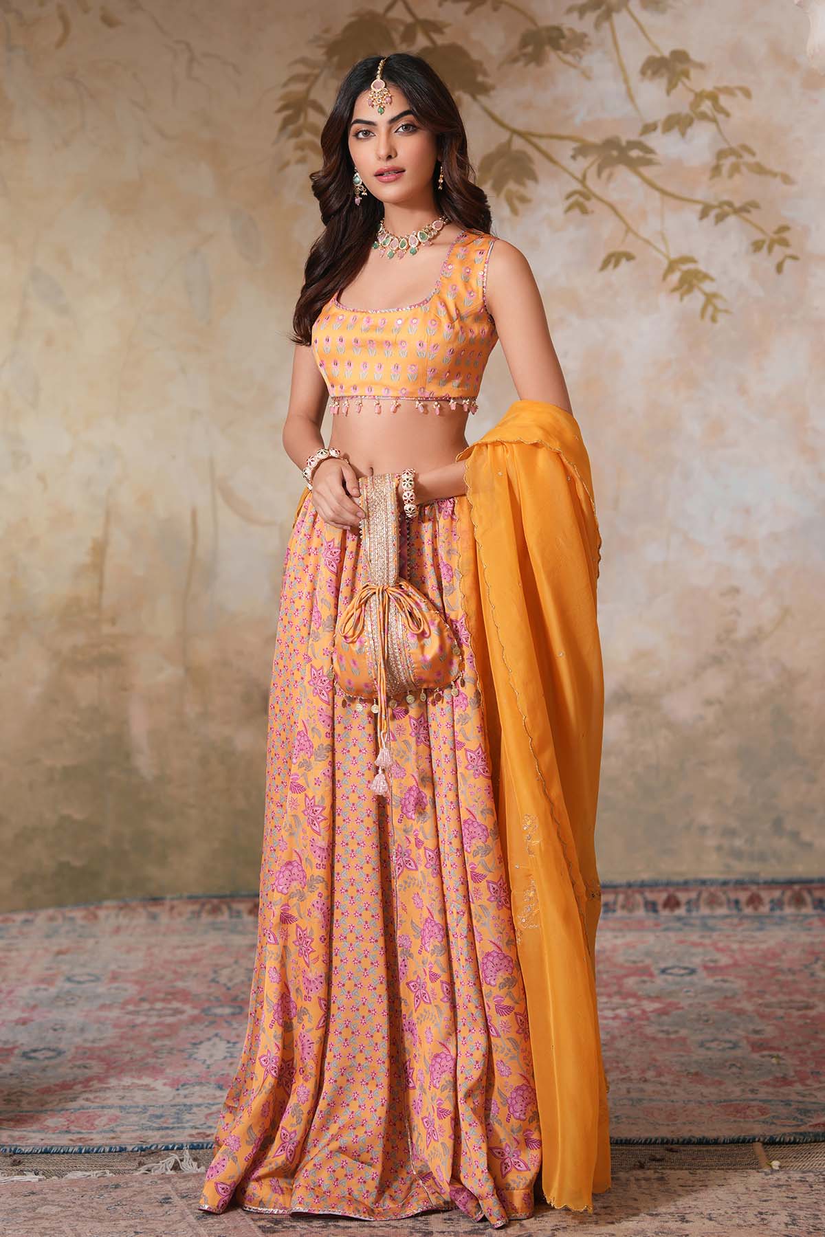 Buy Yellow Printed Lehenga & Blouse by Ugna by Unnati for women online at ScrollnShops