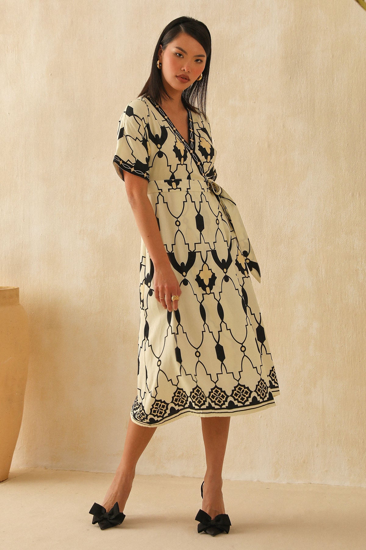 Yellow Printed Midi Wrap Dress