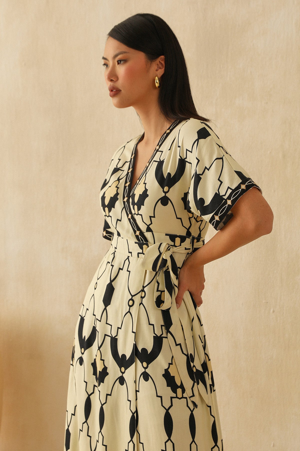 Yellow Printed Midi Wrap Dress