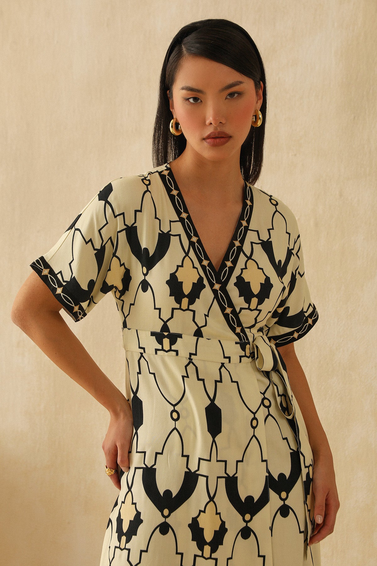 Yellow Printed Midi Wrap Dress