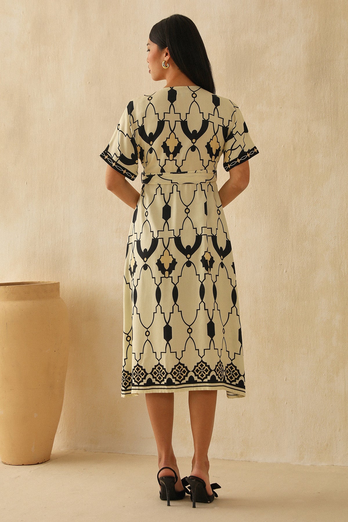 Yellow Printed Midi Wrap Dress