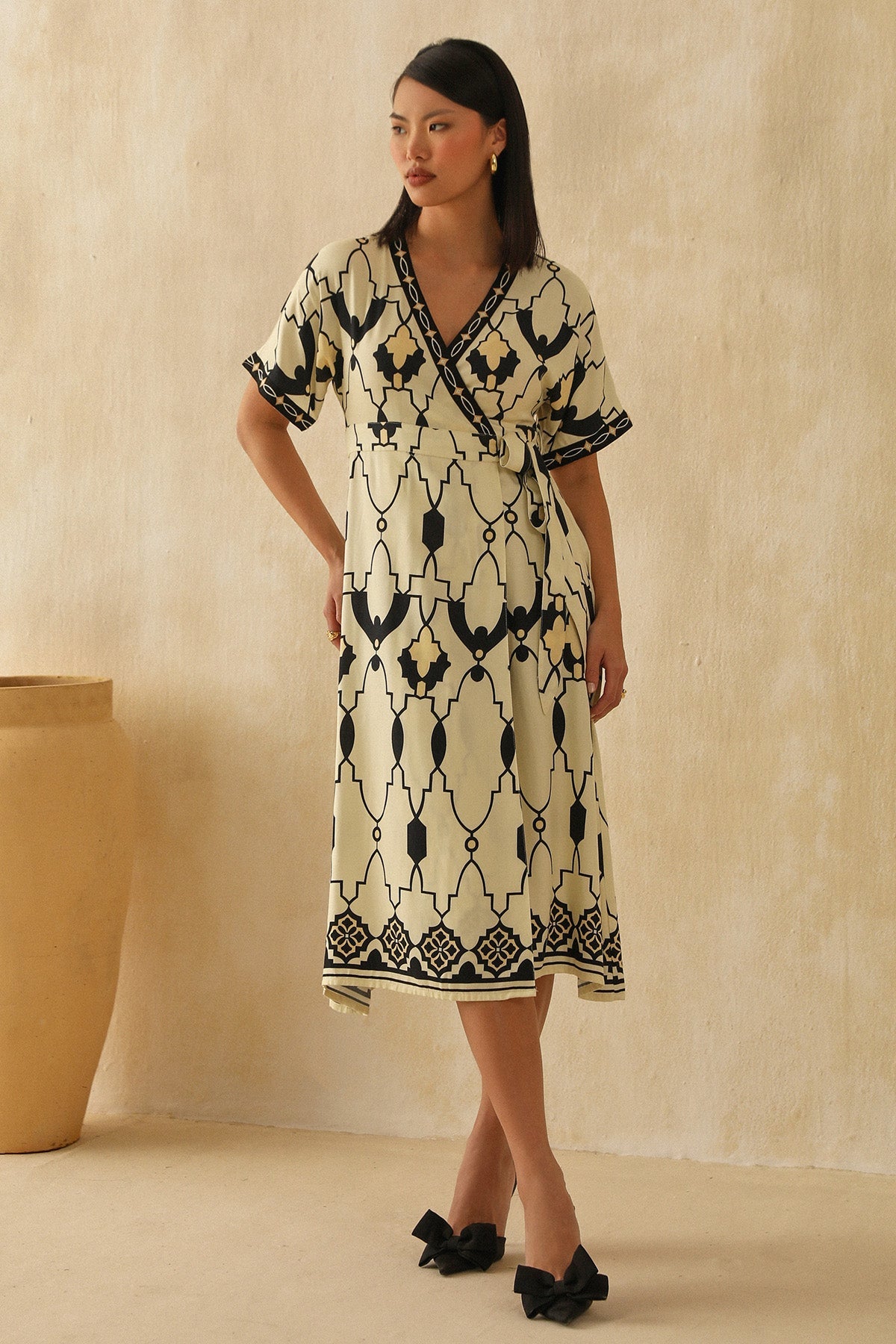 Buy Yellow Printed Midi Wrap Dress by Sewtable Clothing for Women online at ScrollnShops