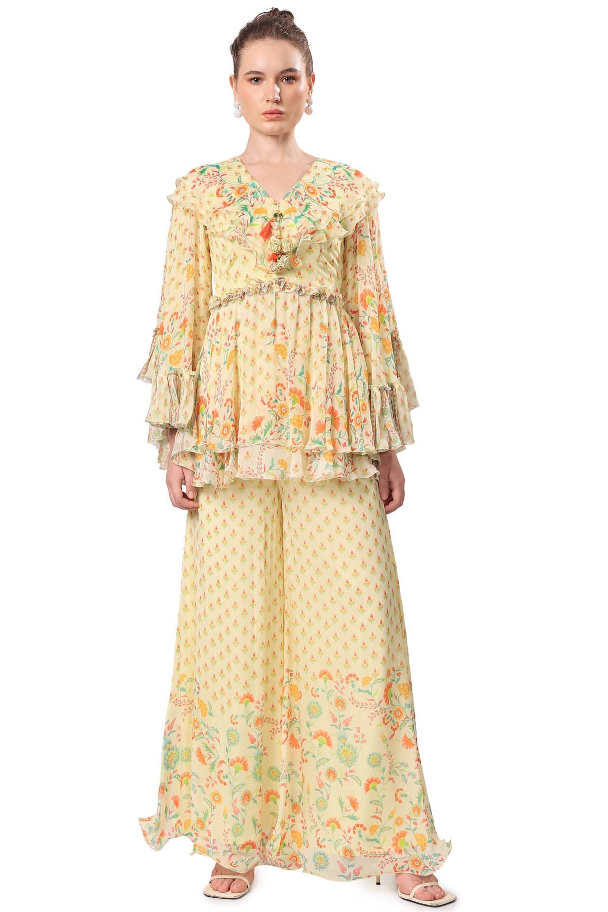Buy Yellow Printed Top & Sharara by Mandira Wirk
