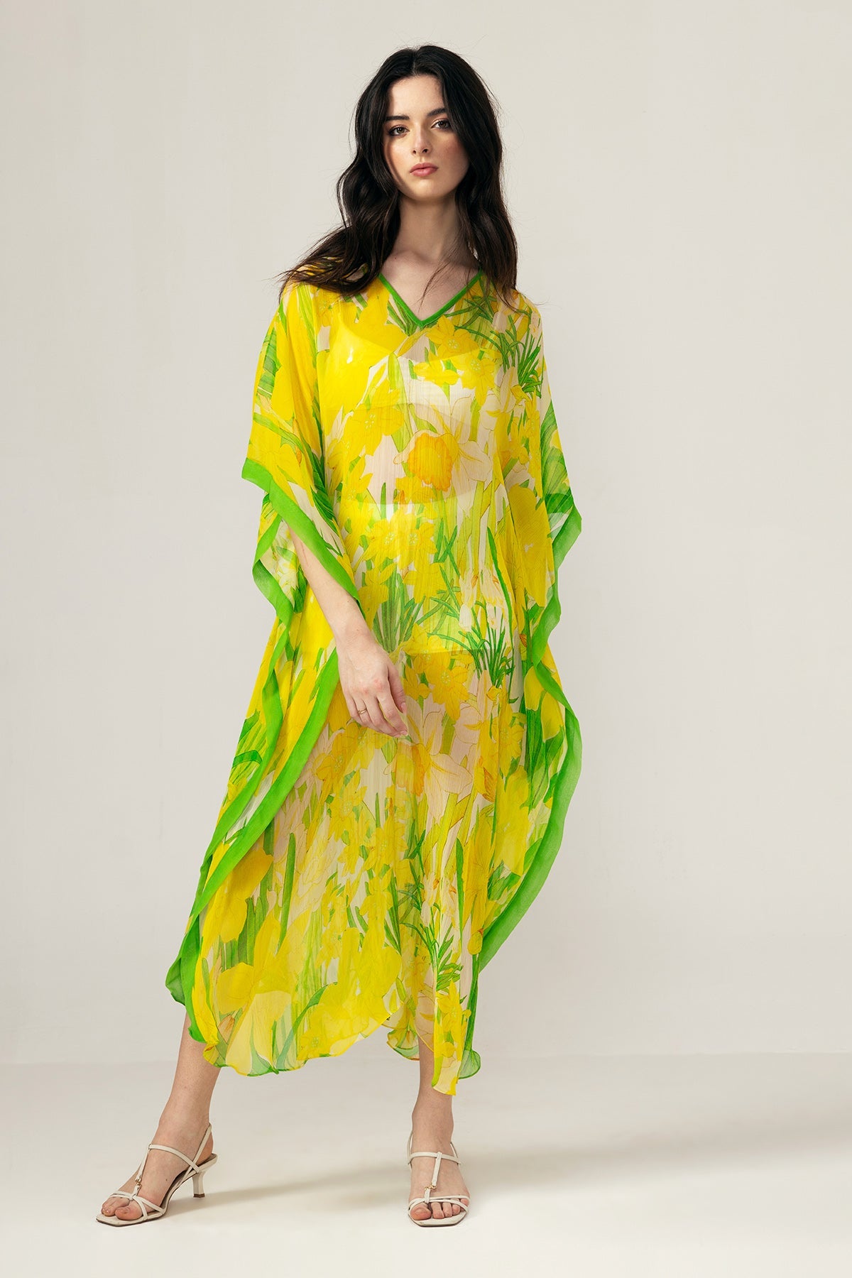 Buy Yellow Printed V-Neck Kaftan by Reena Sharma for Women online at ScrollnShops