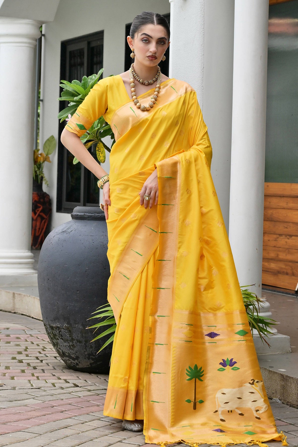 Buy Yellow Pure Zari Woven Saree for women by Lili Lala Designer online available at scrollnshops
