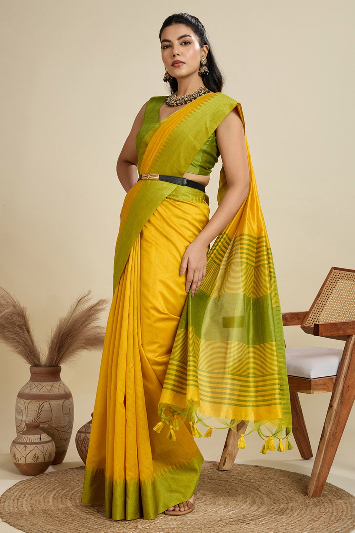 Yellow Raw Silk Thread Saree