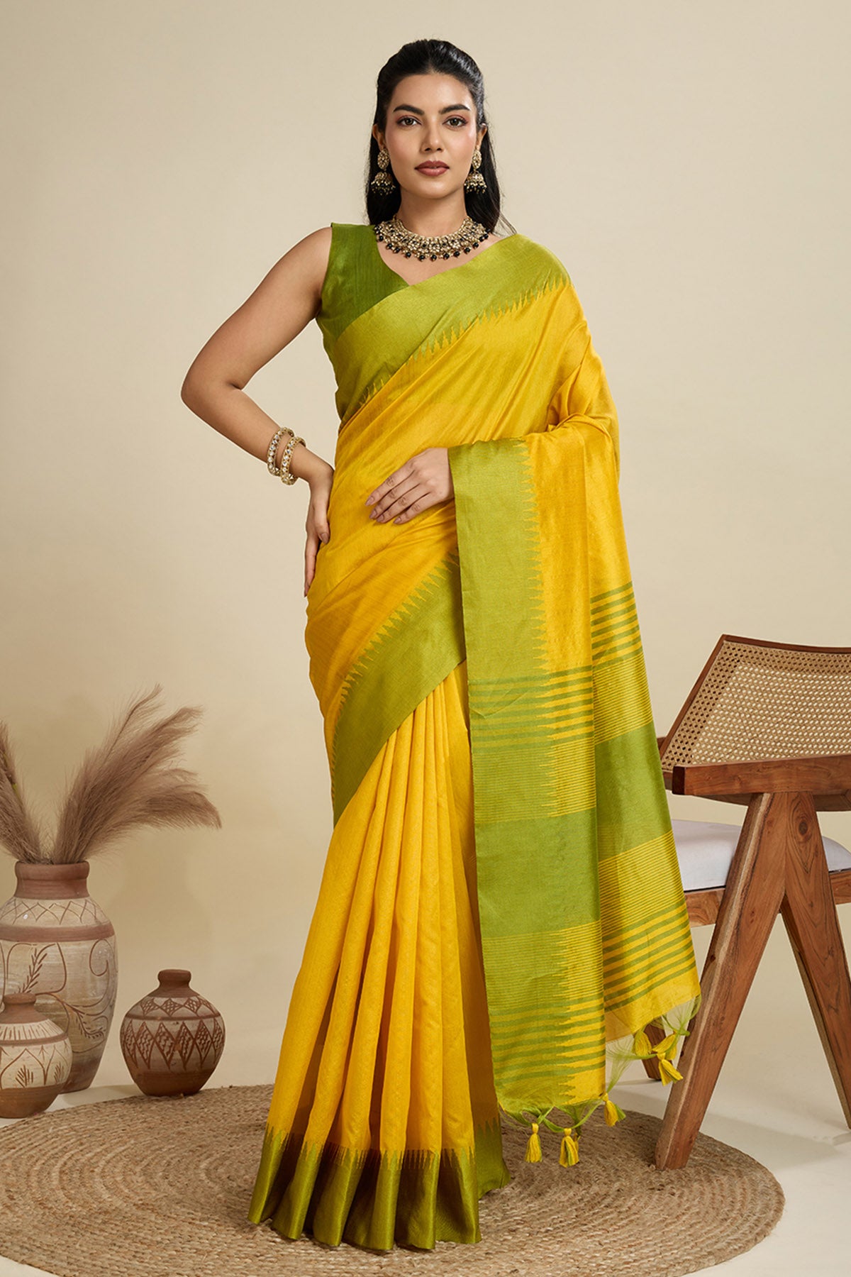 Yellow Raw Silk Thread Saree