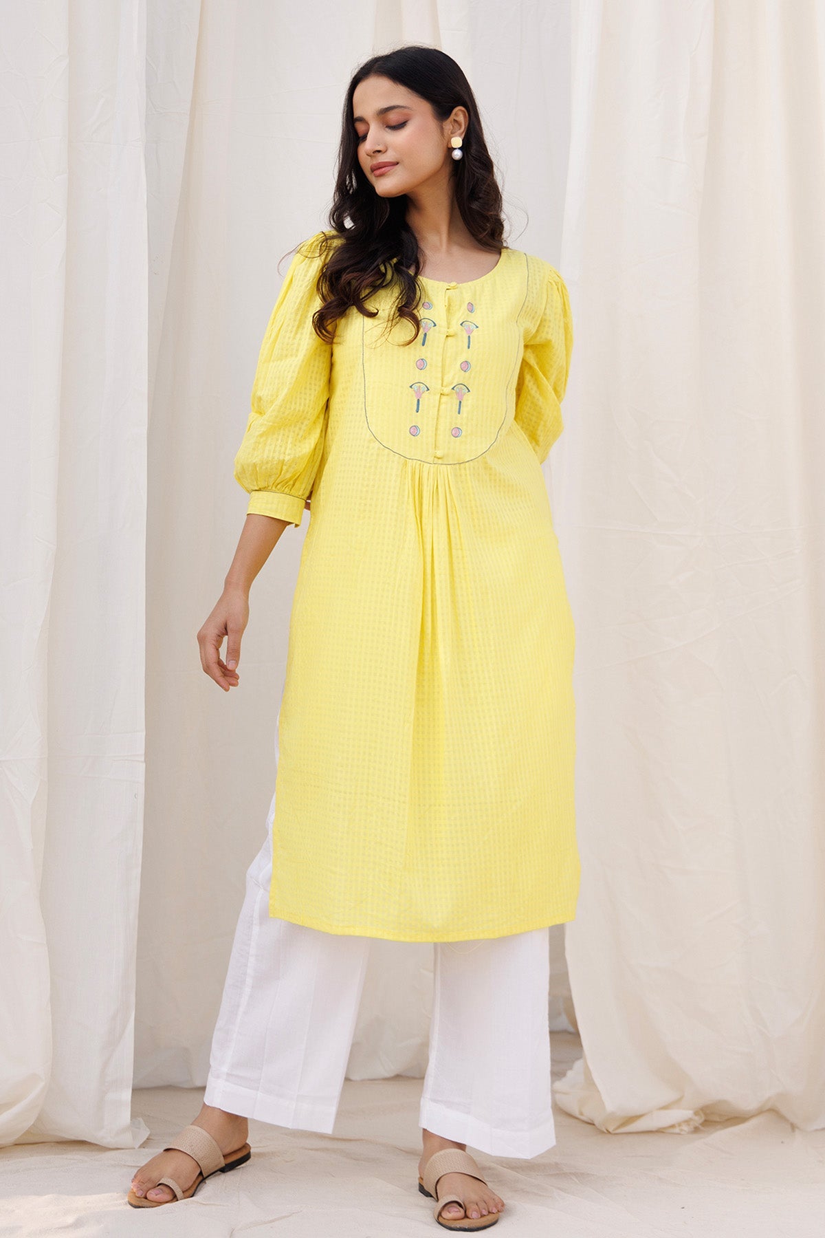 Buy Yellow Round Neck Kurta & Pants by Label Surabhi Raj for women online at ScrollnShops