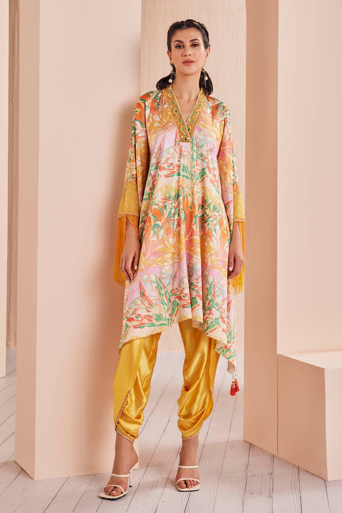 Buy Yellow Satin Embroidered Kaftan Set by Mandira Wirk