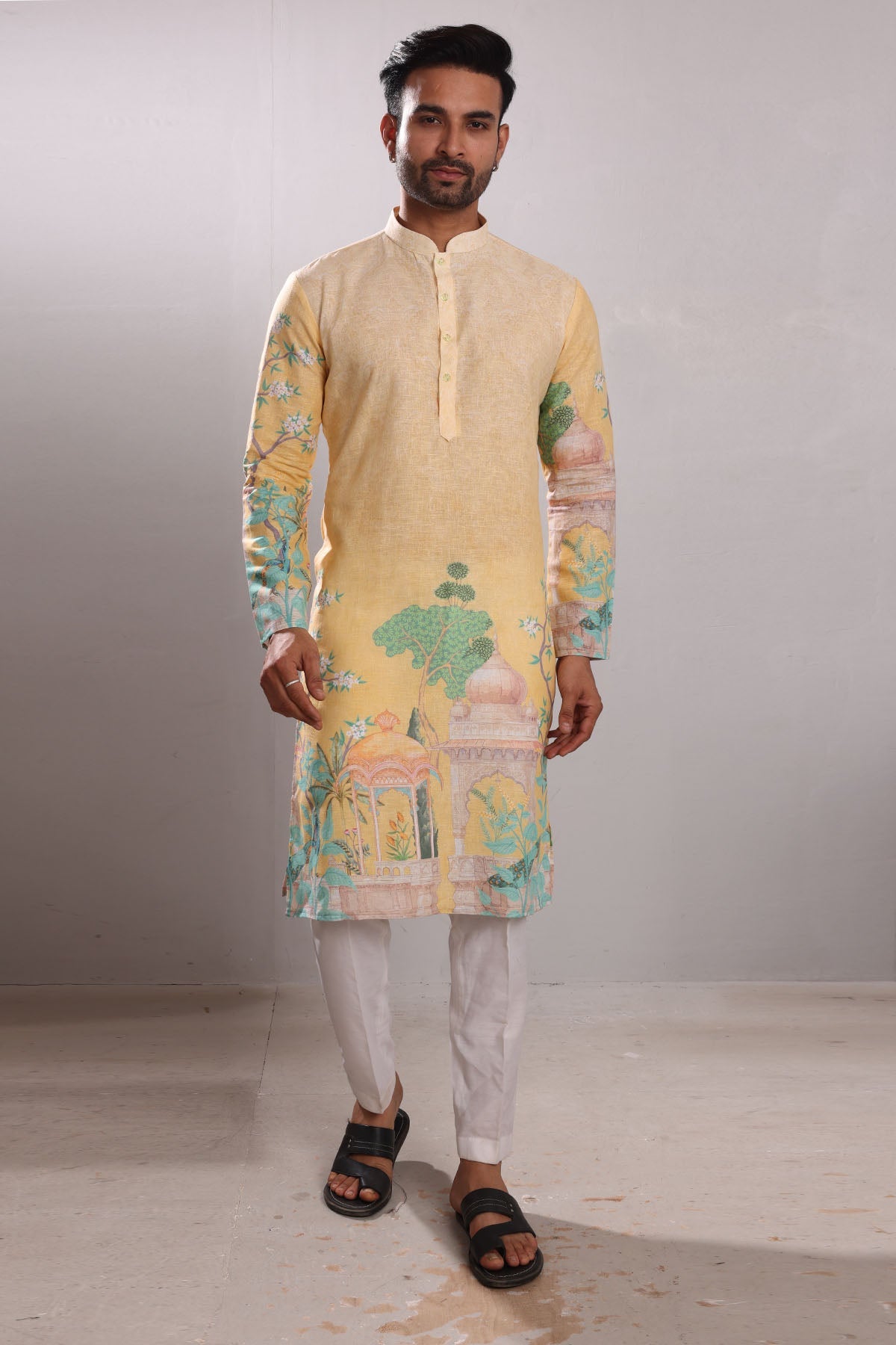 Buy Yellow Scenery Printed Kurta by SNEHA B for men online at ScrollnShops