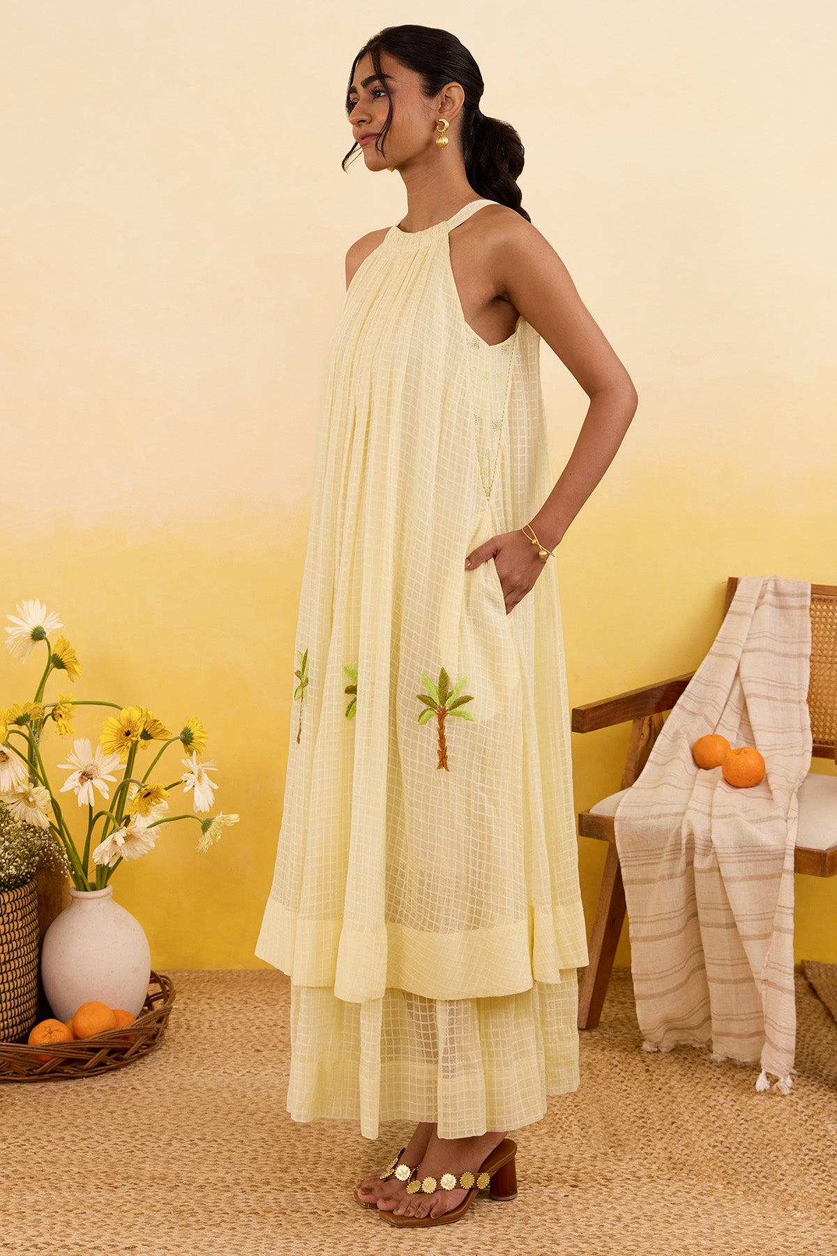 Yellow Self Textured Maxi Dress
