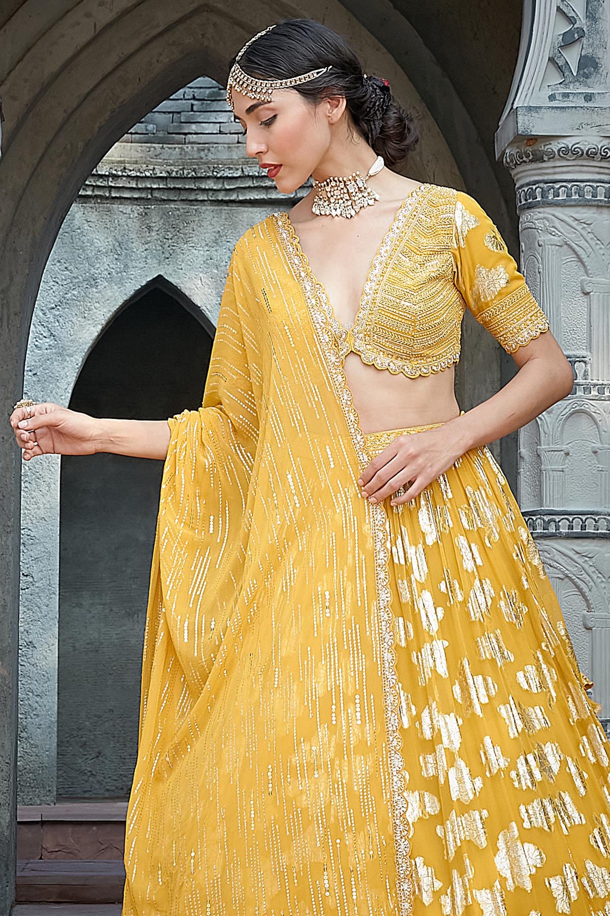Yellow Sequin Dabka Lehenga Set