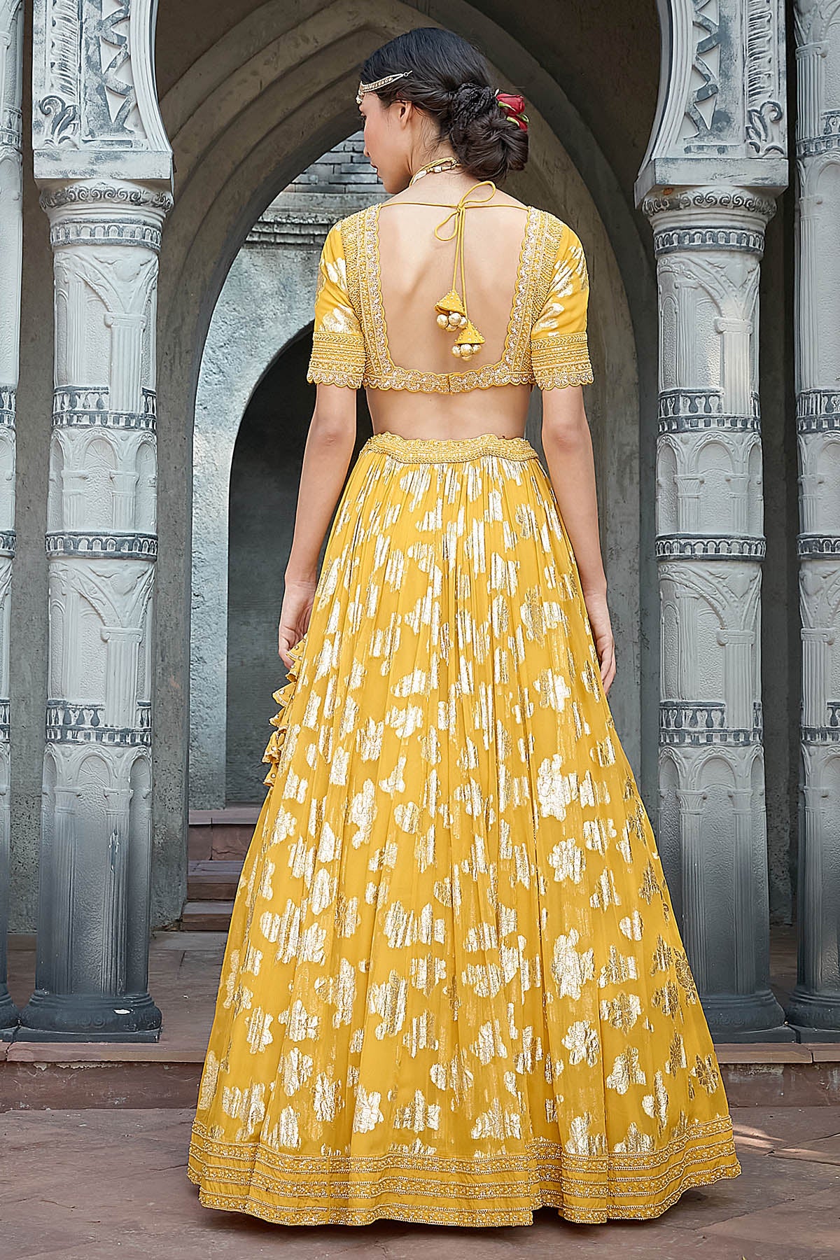 Yellow Sequin Dabka Lehenga Set