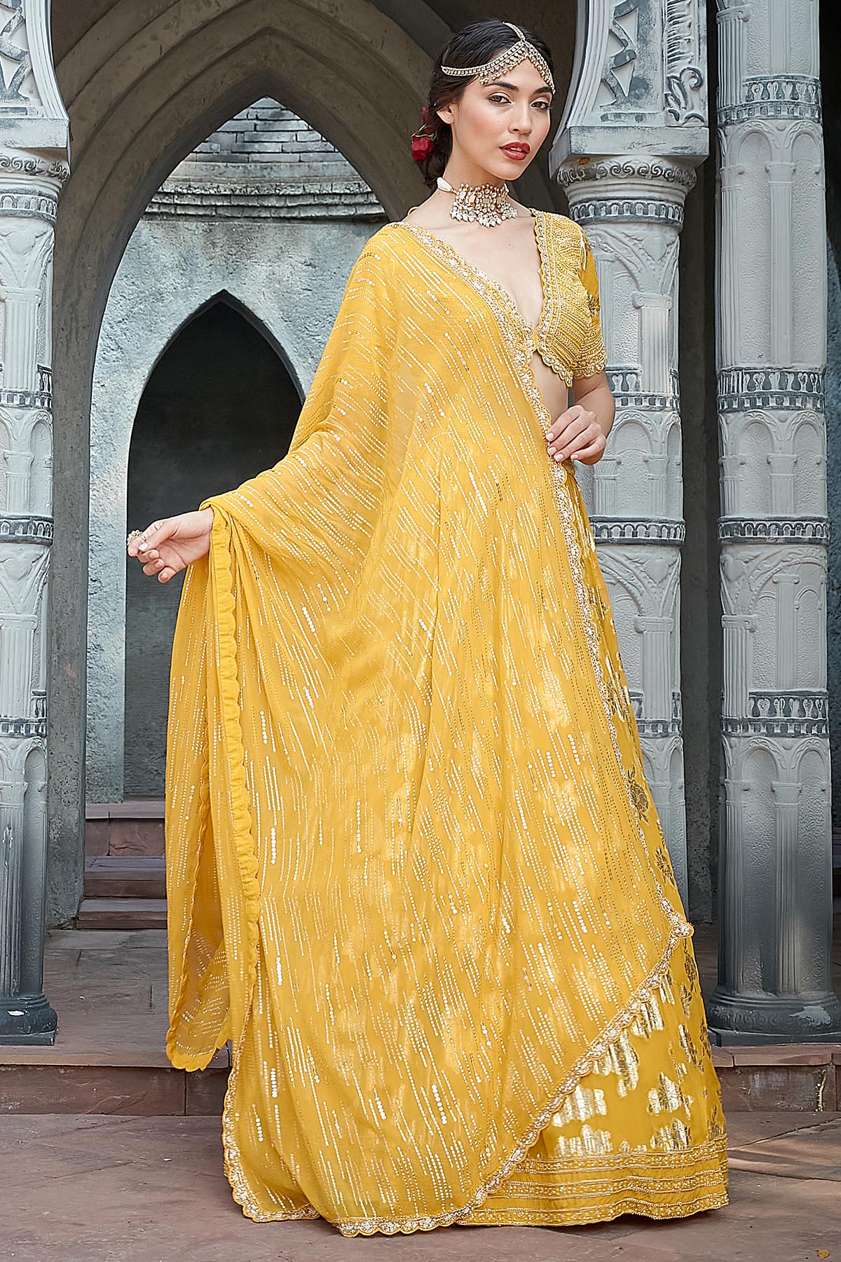 Yellow Sequin Dabka Lehenga Set