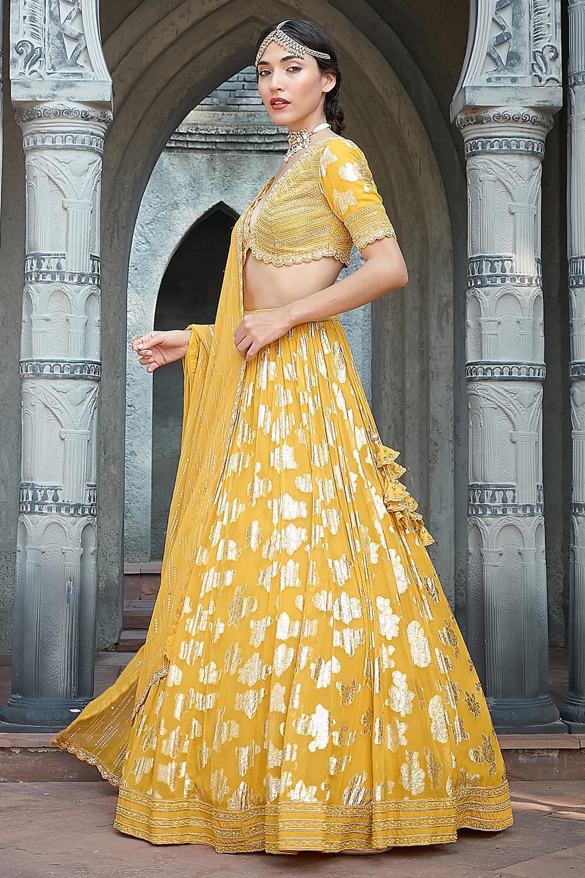Yellow Sequin Dabka Lehenga Set