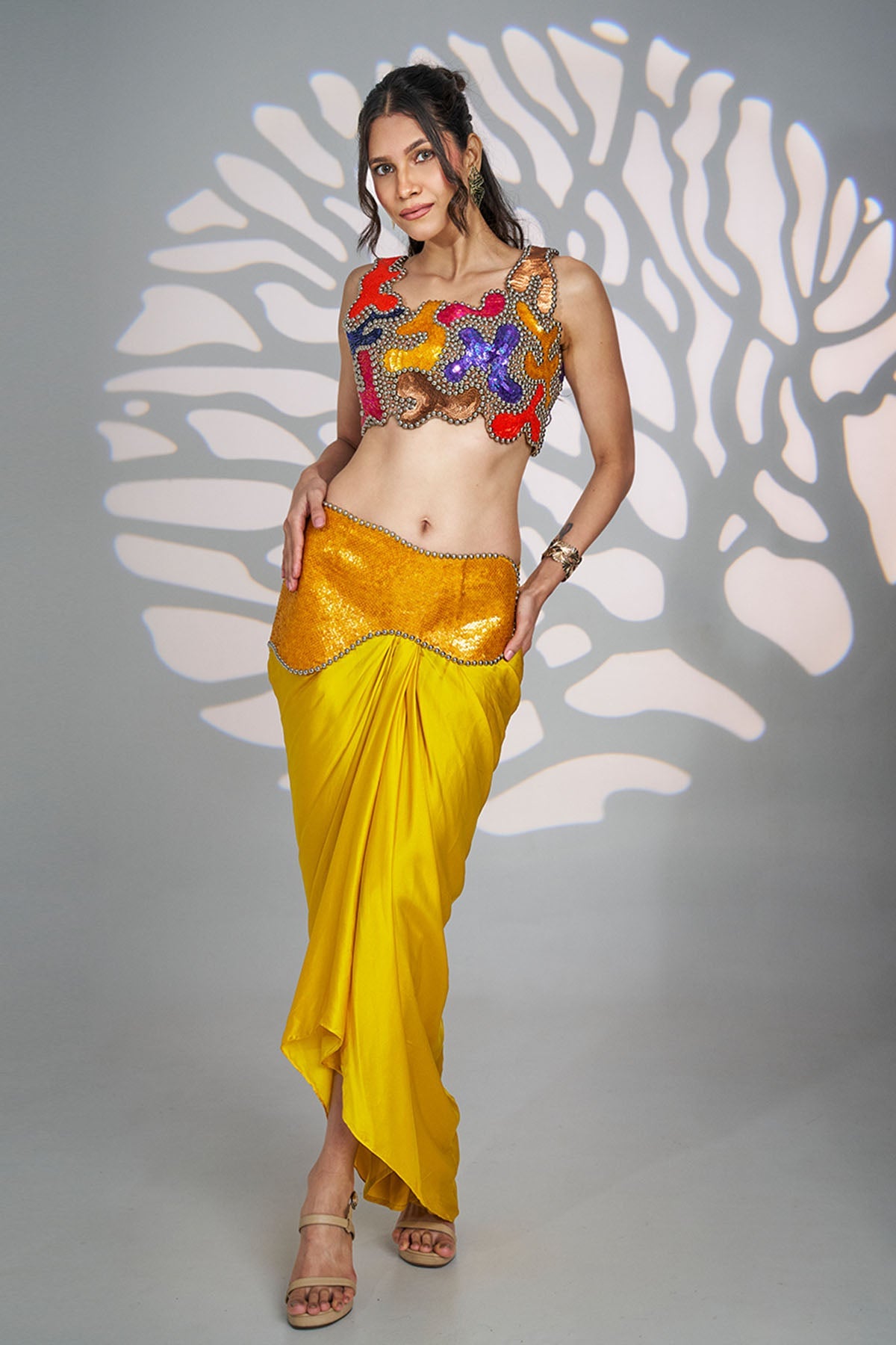 Buy Yellow Sequins Indo-Western Set for women by Ricka Gauba online available at scrollnshops