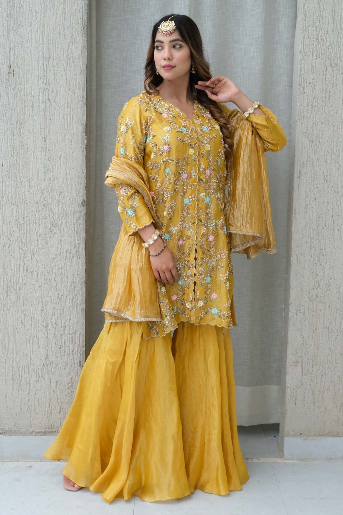 Label Pavneet Yellow Short Kurta & Gharara Set for women online at ScrollnShops