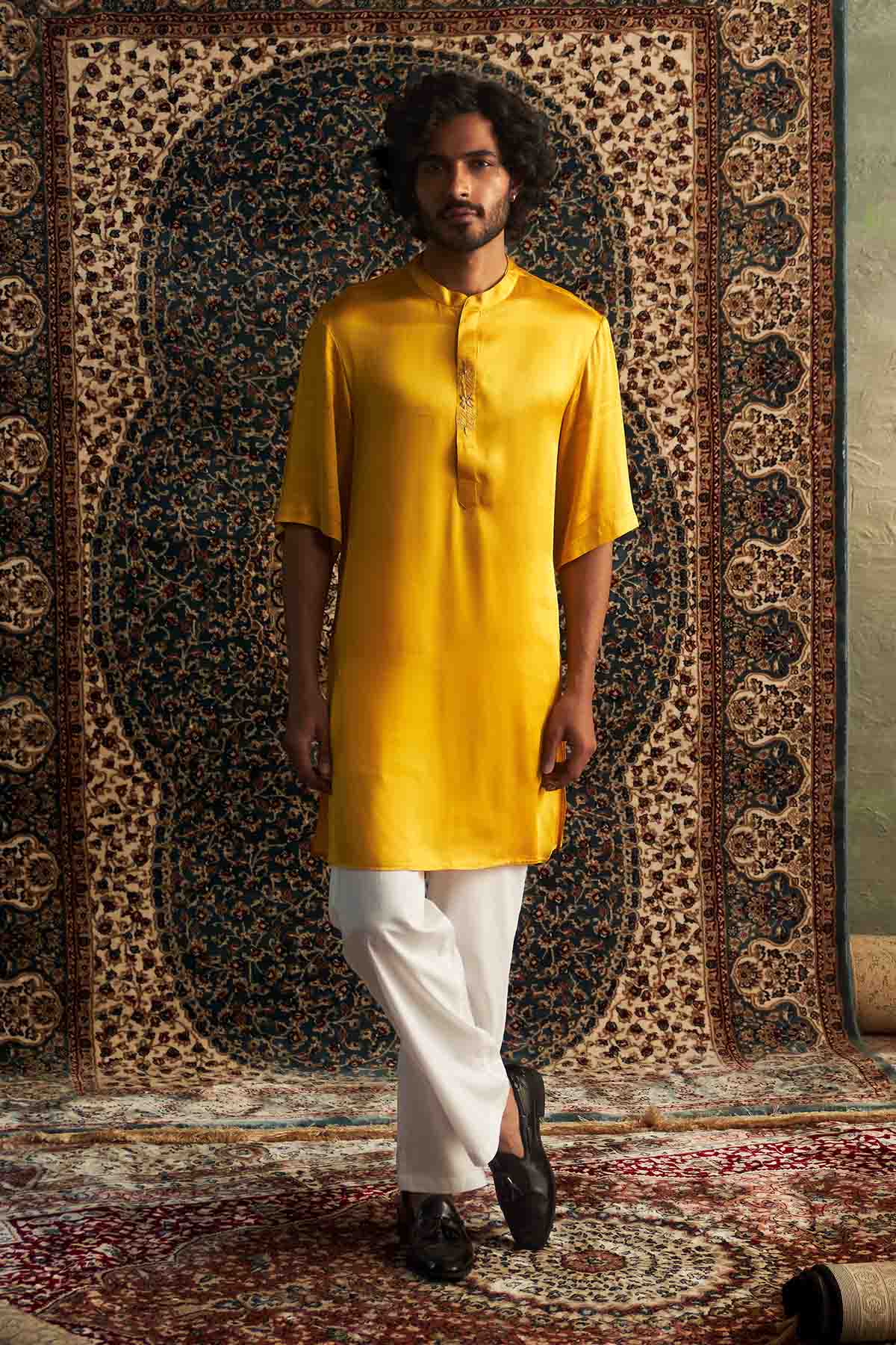 Buy Yellow Short Sleeves Kurta Set by Charkhee for men online at ScrollnShops