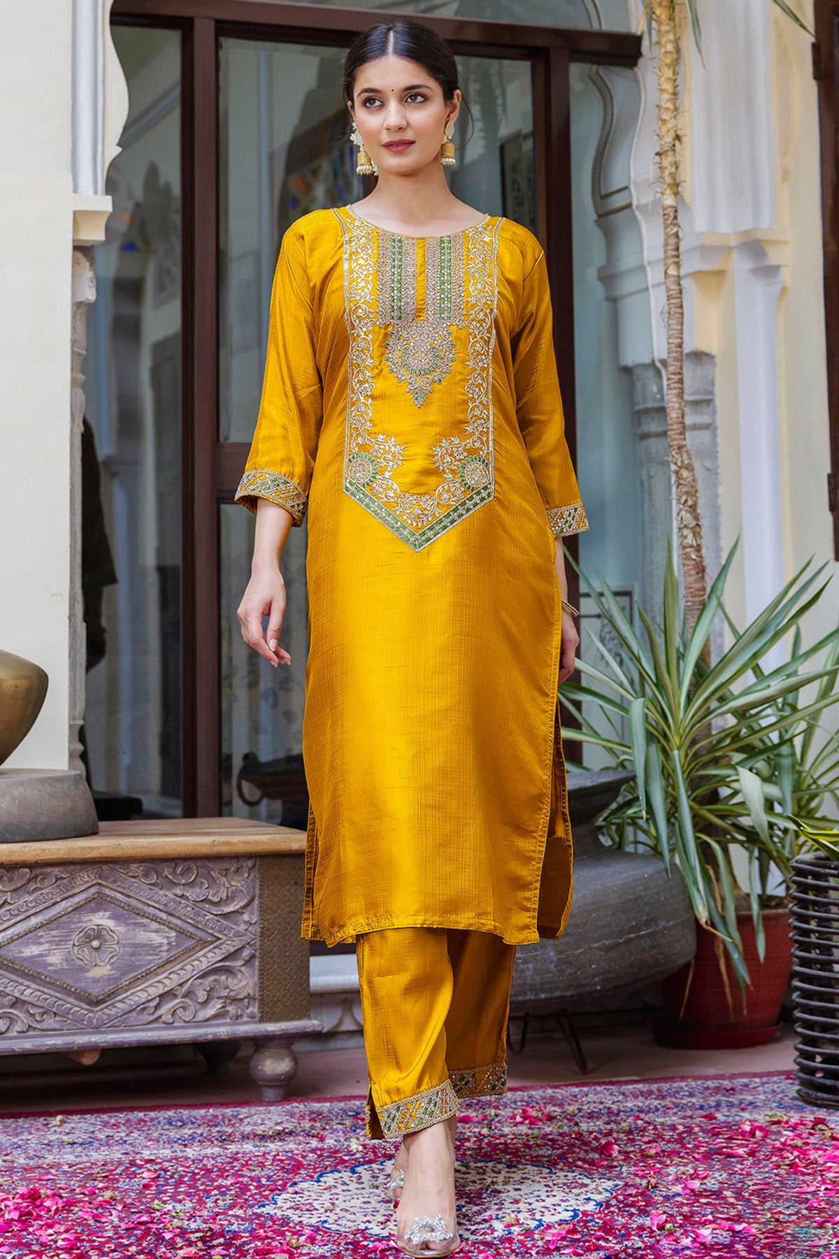 Yellow Silk Blended Kurta Set