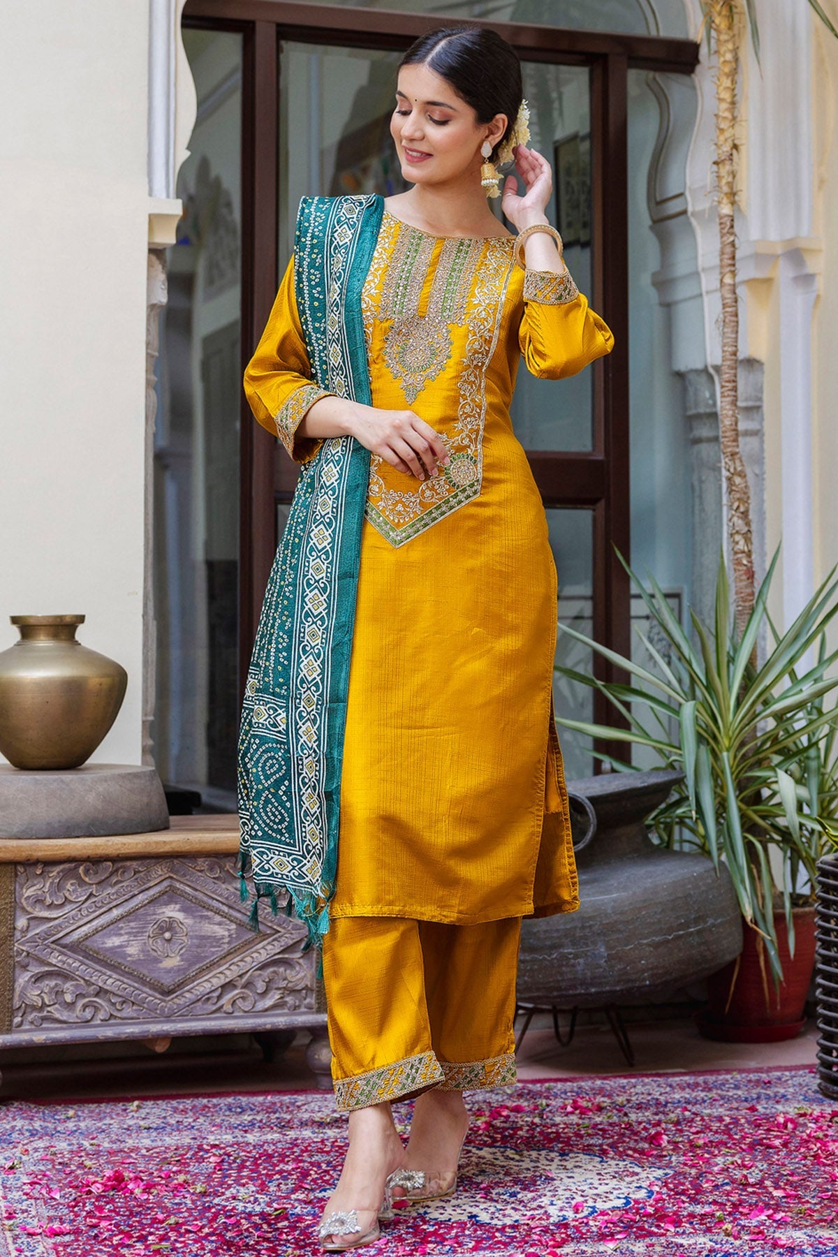 Buy Yellow Silk Blended Kurta Set for women by Aastha Fashion online available at scrollnshops