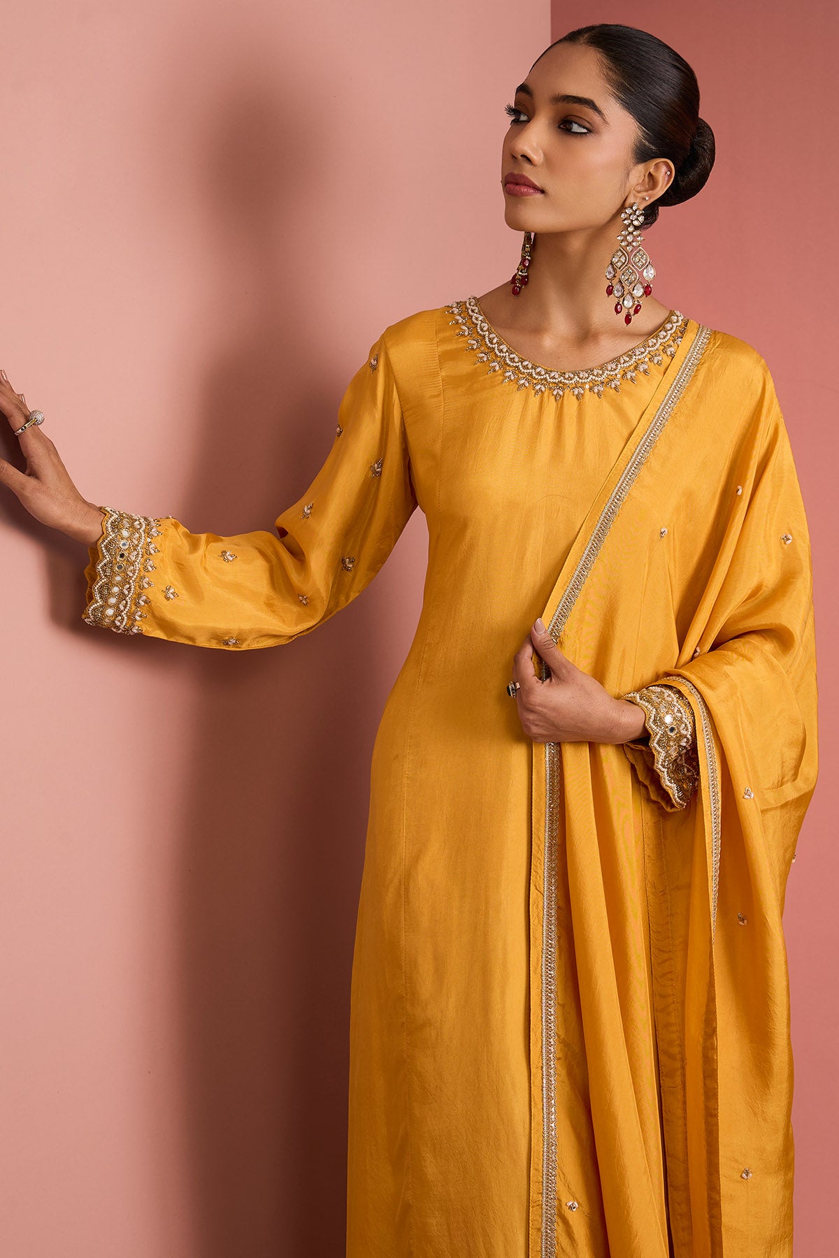 Yellow Silk Cutdana Kurta Set