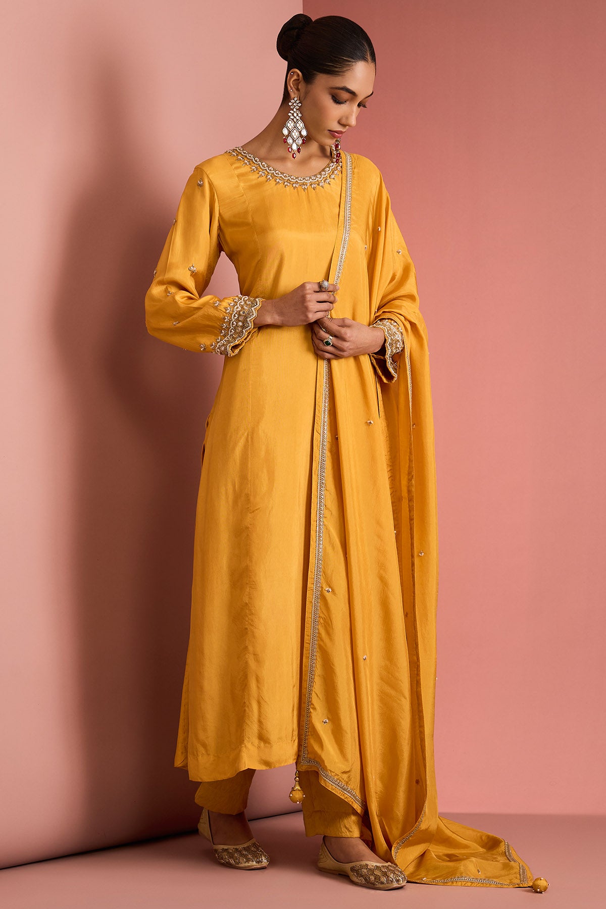 Yellow Silk Cutdana Kurta Set