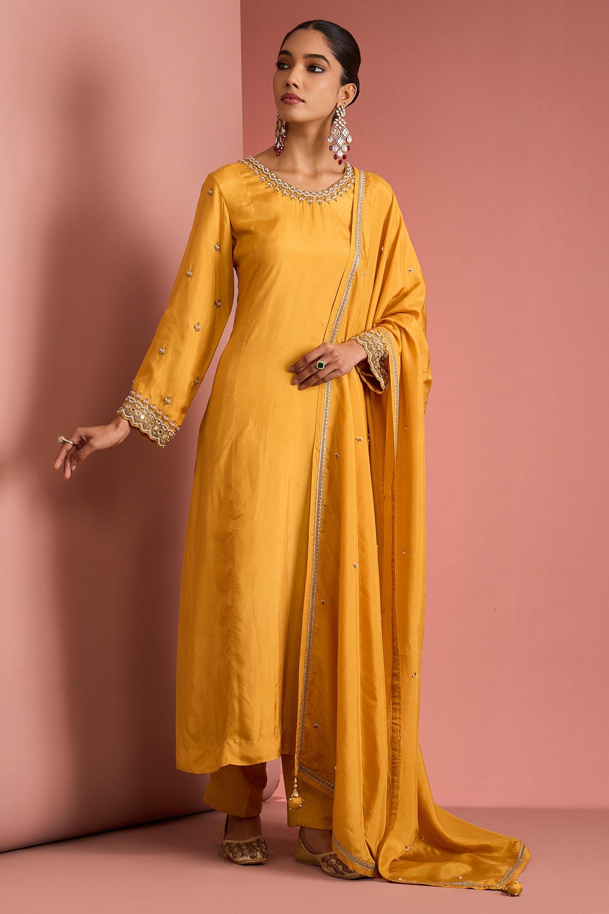 Buy Yellow Silk Cutdana Kurta Set for women by Milu Madan online available at scrollnshops