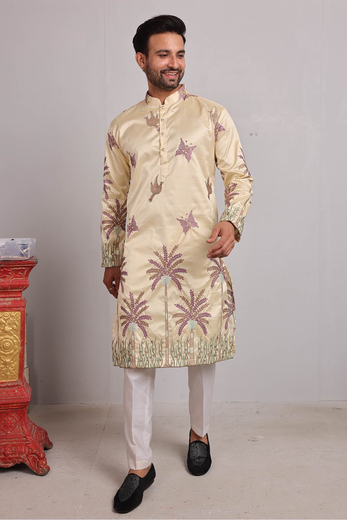 Yellow Silk Embroidered Kurta