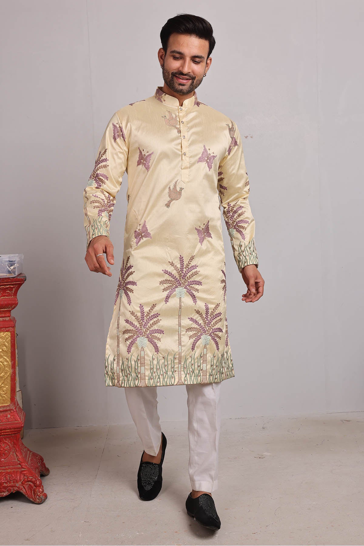 Yellow Silk Embroidered Kurta